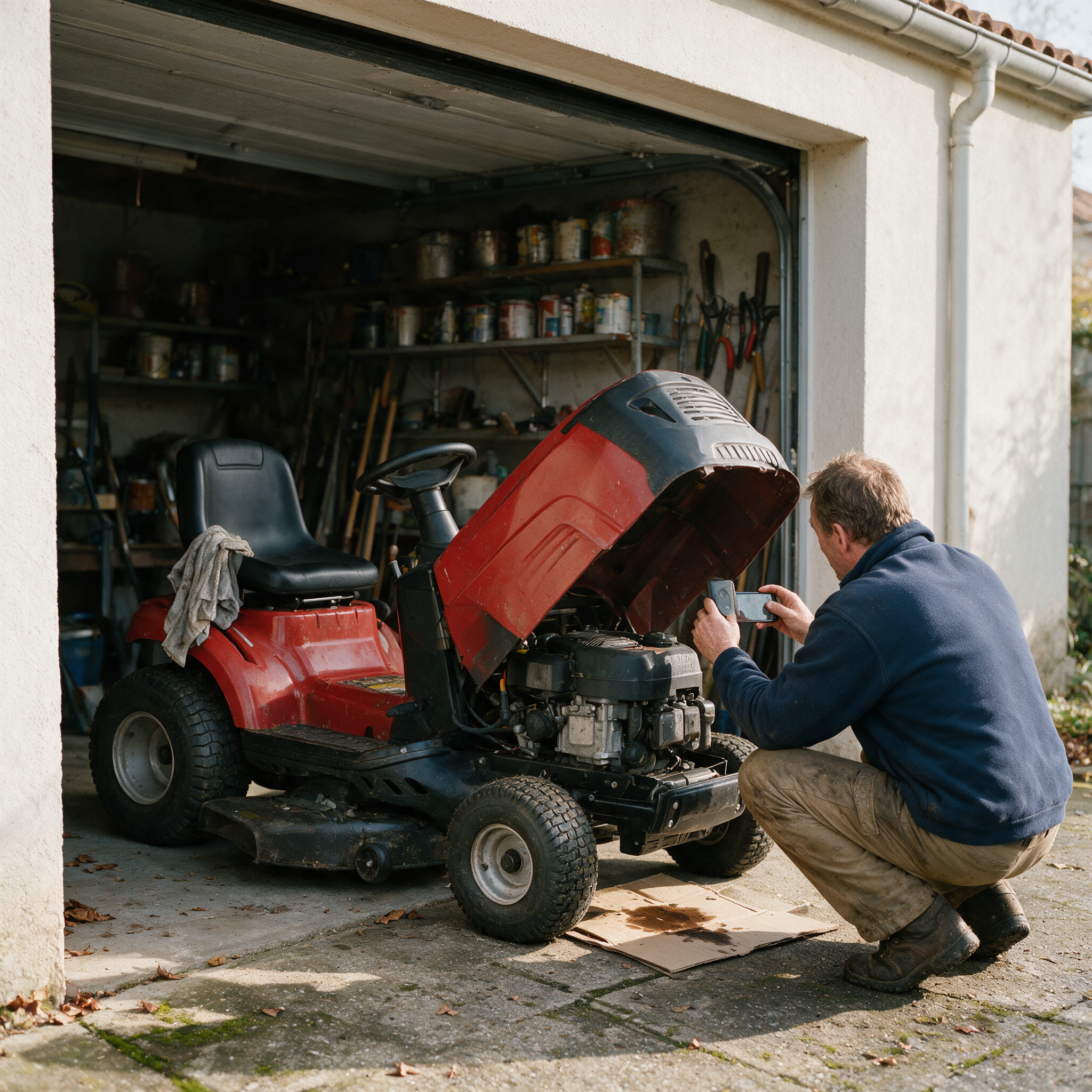 Propriétaire photographiant le moteur de son tracteur tondeuse OOGarden, capot levé, pour relever les numéros avant d’appeler