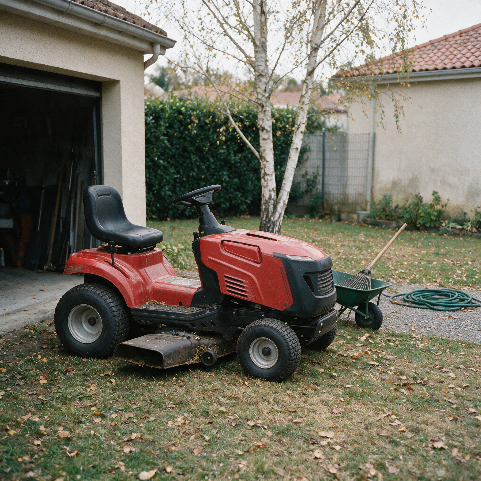 Tracteur tondeuse rouge à éjection latérale garé sur une pelouse d’octobre devant le garage, plateau de coupe bien visible