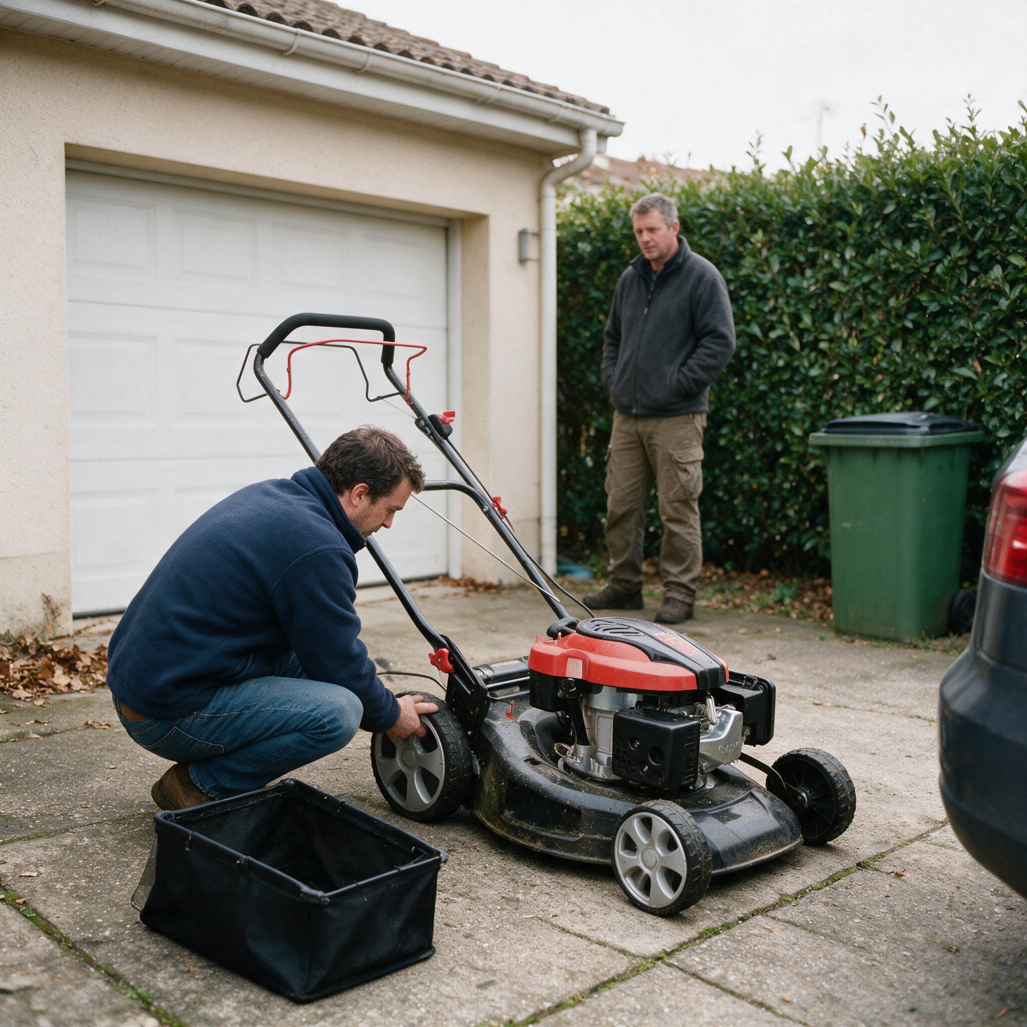 Acheteur accroupi inspectant la traction d’une tondeuse OOGarden T51T-196AML d’occasion devant le garage du vendeur