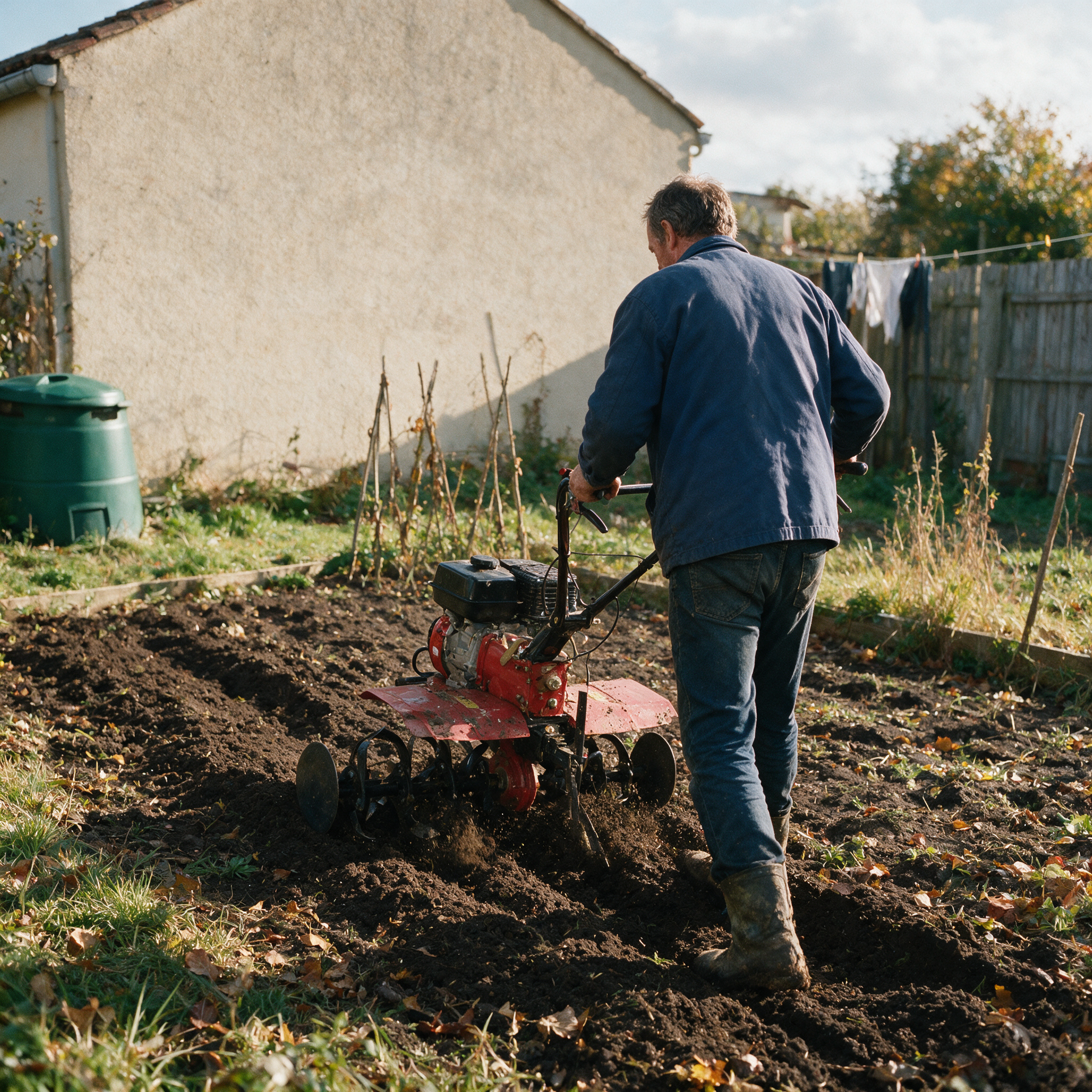 Jardinier de dos passant un motoculteur thermique 8 fraises dans son potager, terre fraîchement travaillée en automne