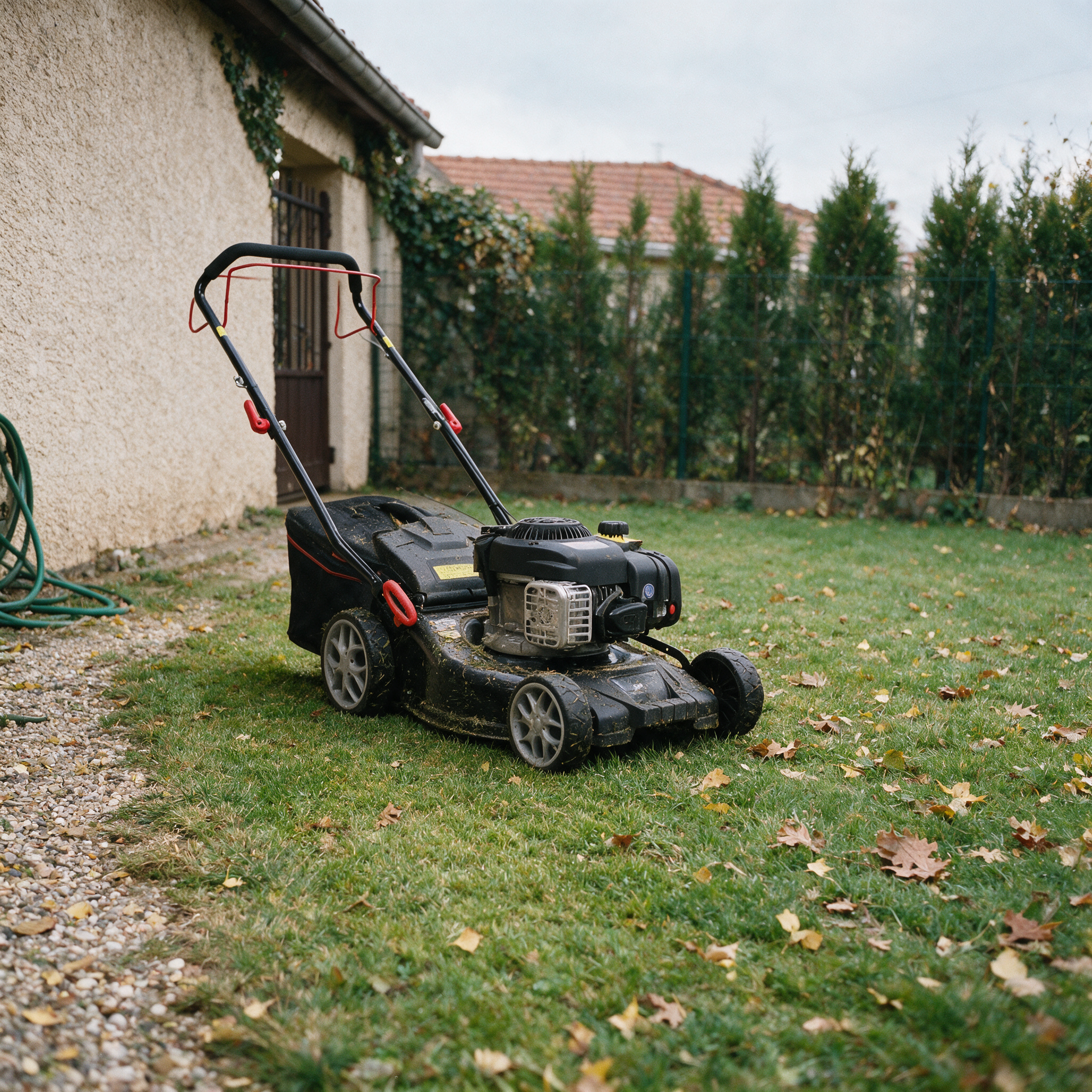 Tondeuse thermique tractée Briggs & Stratton sur une pelouse d’automne semée de feuilles, derrière un pavillon crépi