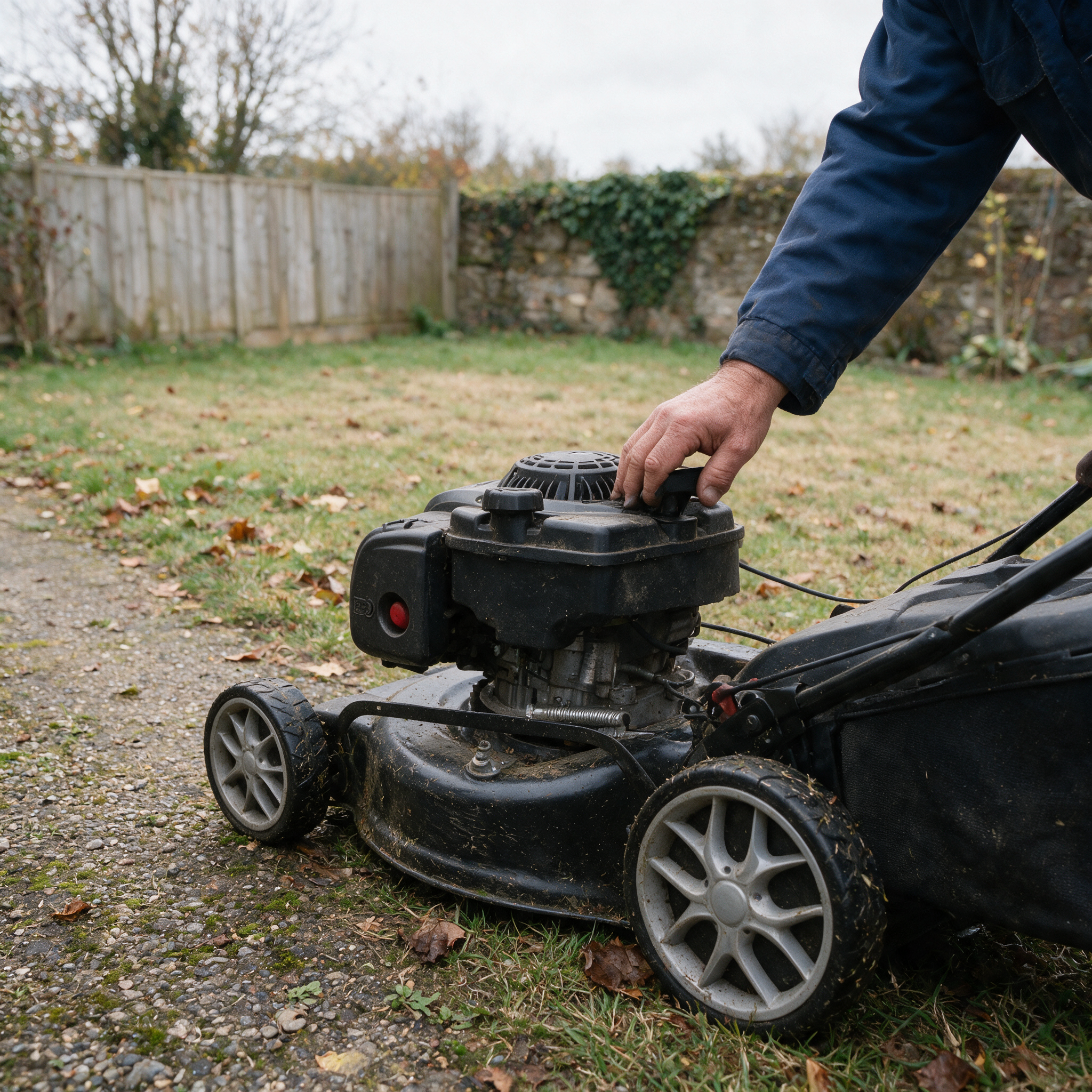 Main gantée posée sur le lanceur d’un moteur Briggs & Stratton de tondeuse d’occasion, prête à tester sa résistance