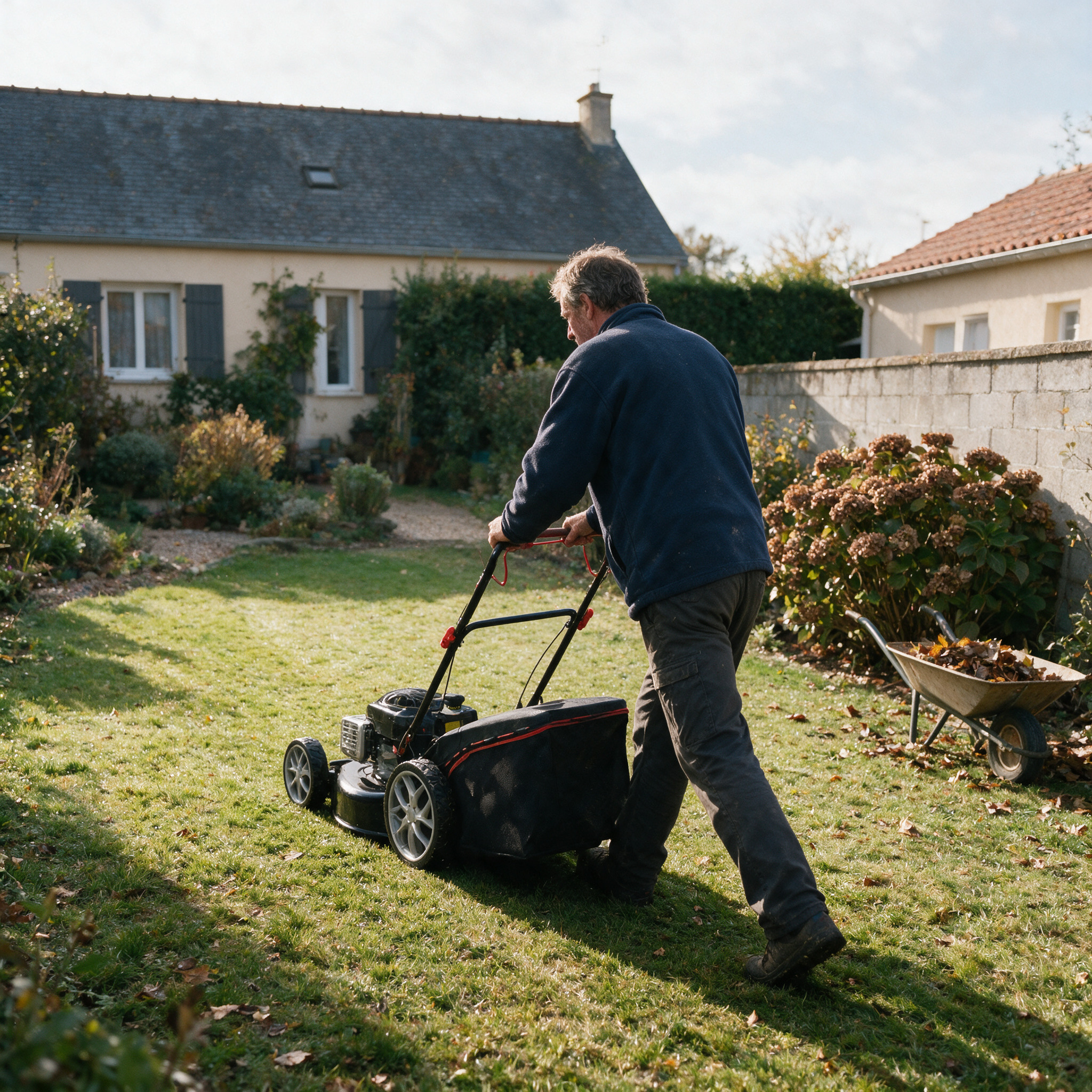 Homme passant une tondeuse thermique tractée pour la dernière tonte d’octobre dans le jardin d’un pavillon