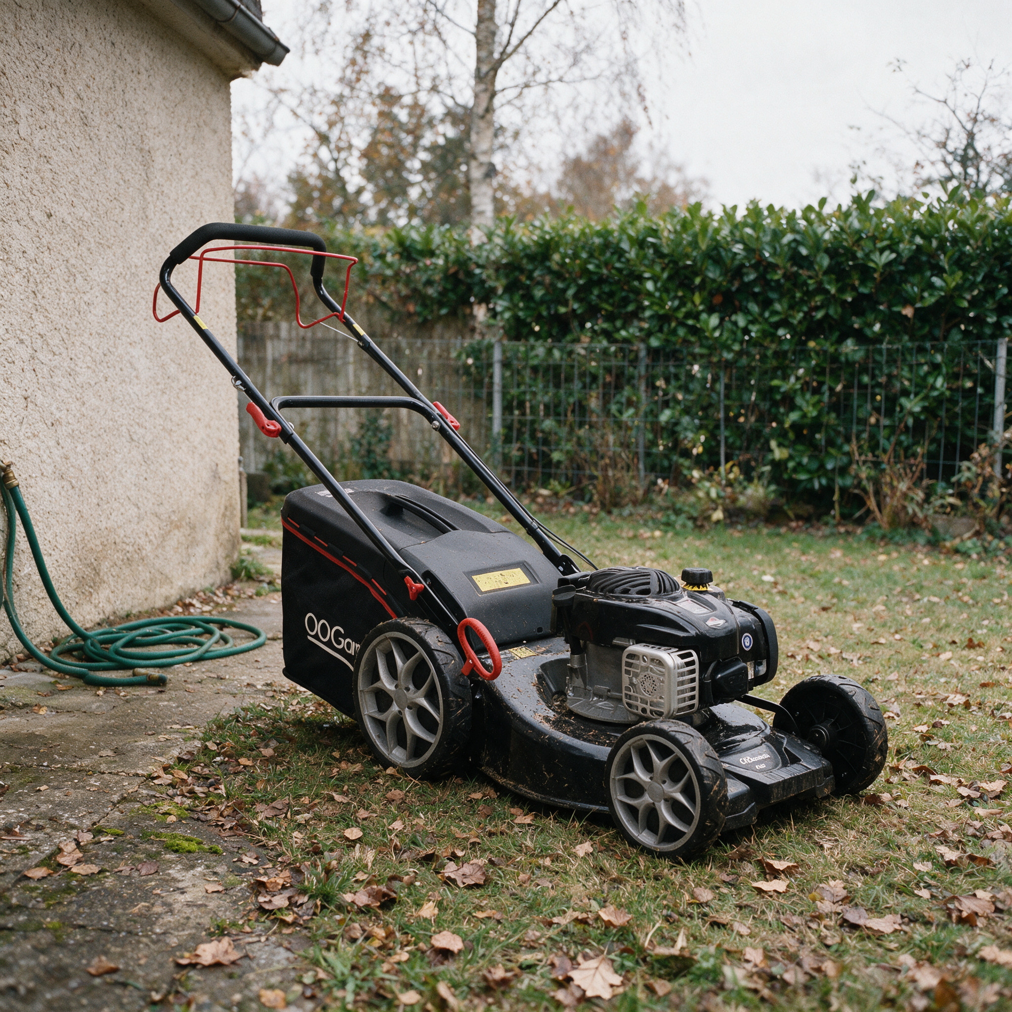 Tondeuse thermique tractée garée sur une pelouse d’automne d’un pavillon, avant de chercher ses pièces de tondeuse