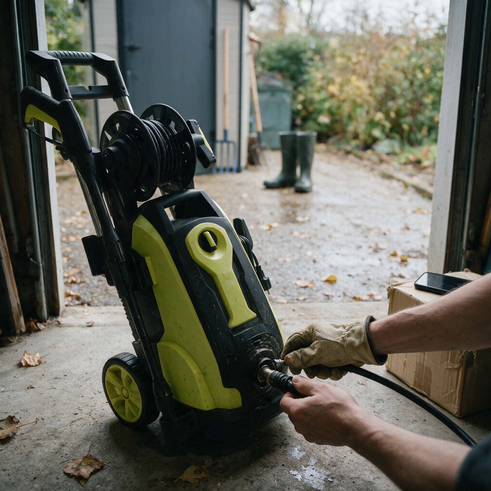 Mains dévissant le flexible du raccord de sortie d’un nettoyeur haute pression OOGarden avant d’en chercher la pièce