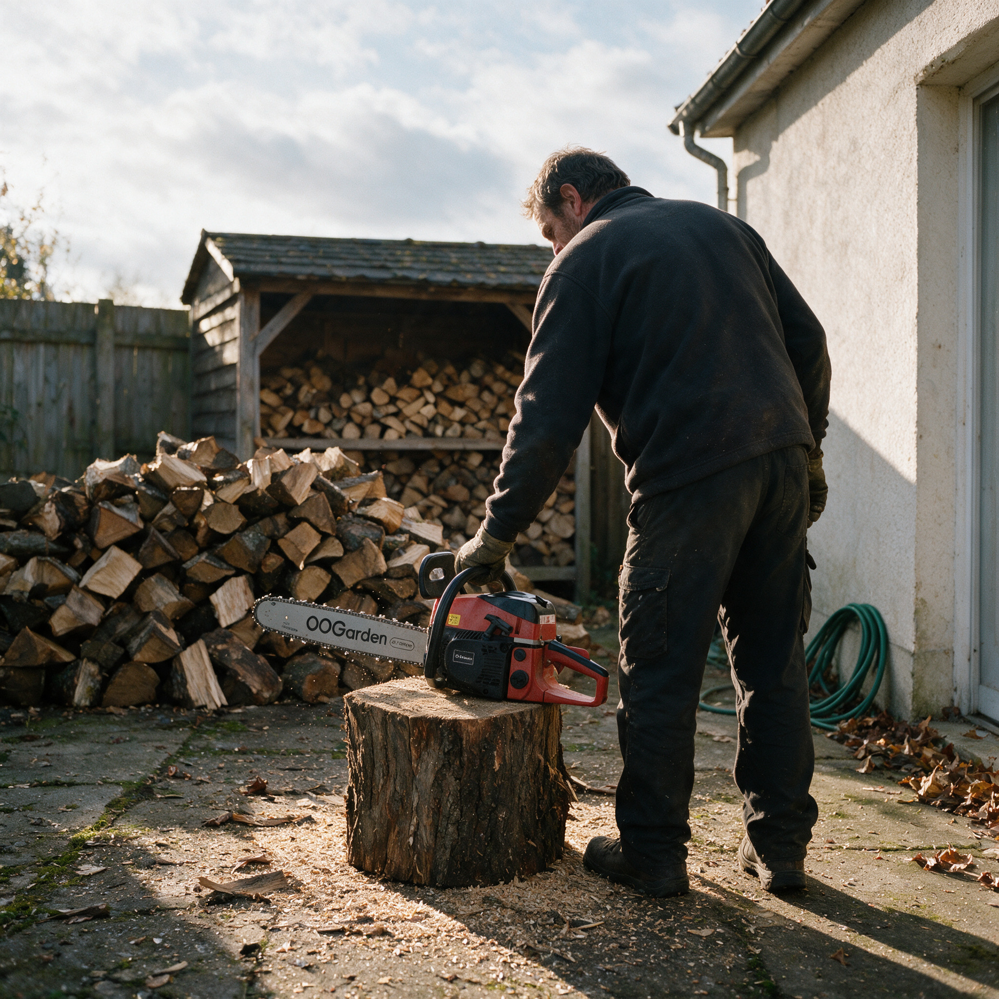 Homme posant une tronçonneuse thermique sur un billot près du tas de bois, machine d’occasion encore bien utile