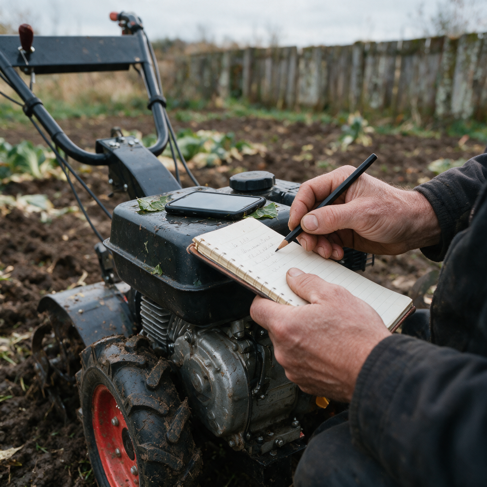 Mains notant la plaque moteur d’un motoculteur OOGarden avant d’appeler une casse de motoculture pour une pièce
