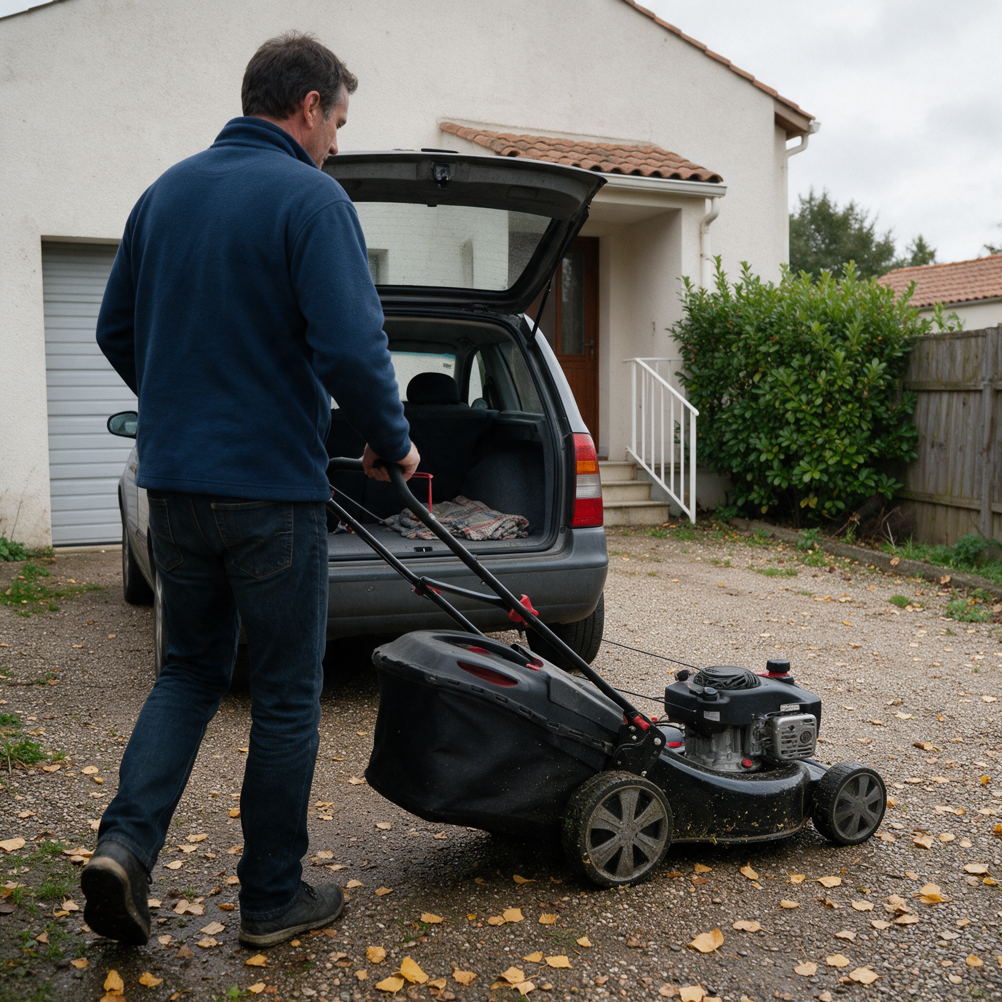 Particulier poussant une tondeuse thermique OOGarden vers le coffre de sa voiture pour une reprise ou un dépôt en déchèterie