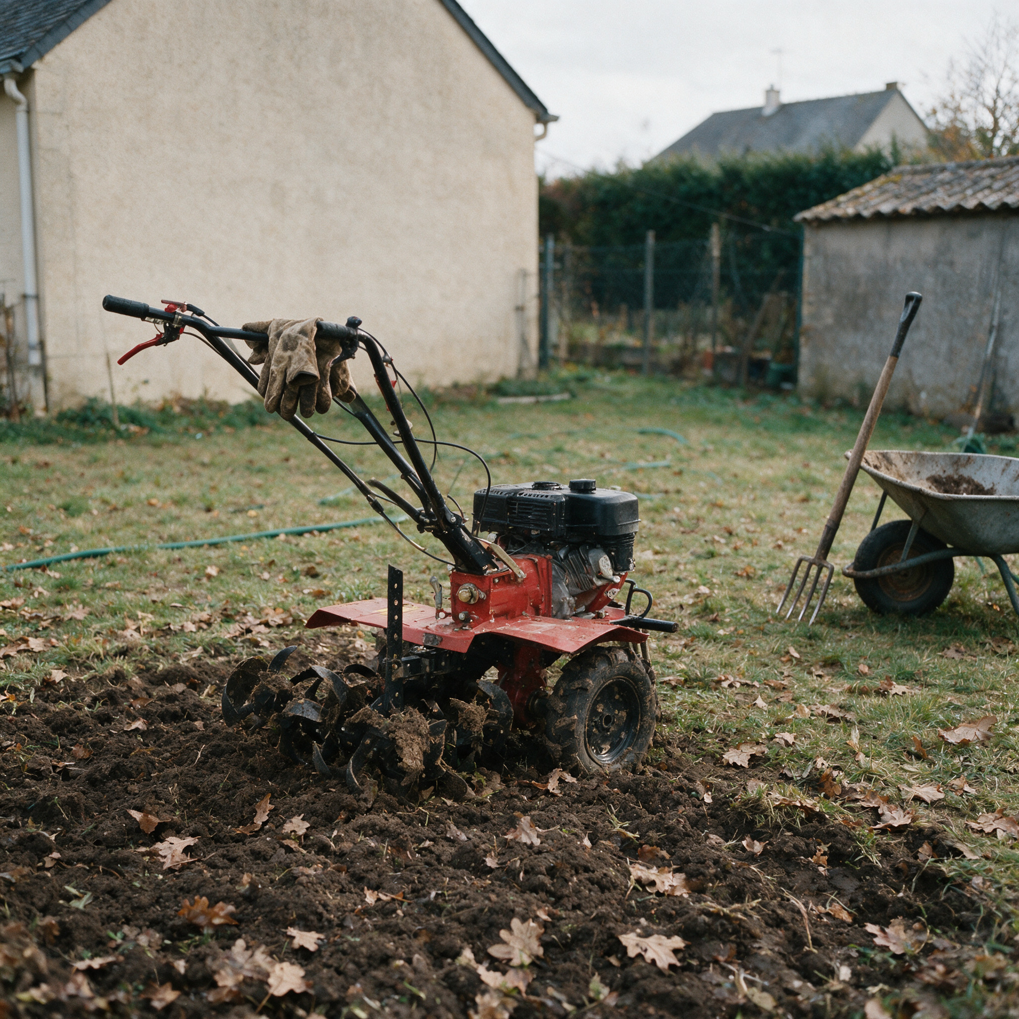 Motoculteur thermique OOGarden rouge garé au bord d’un potager retourné en octobre, derrière une maison pavillonnaire