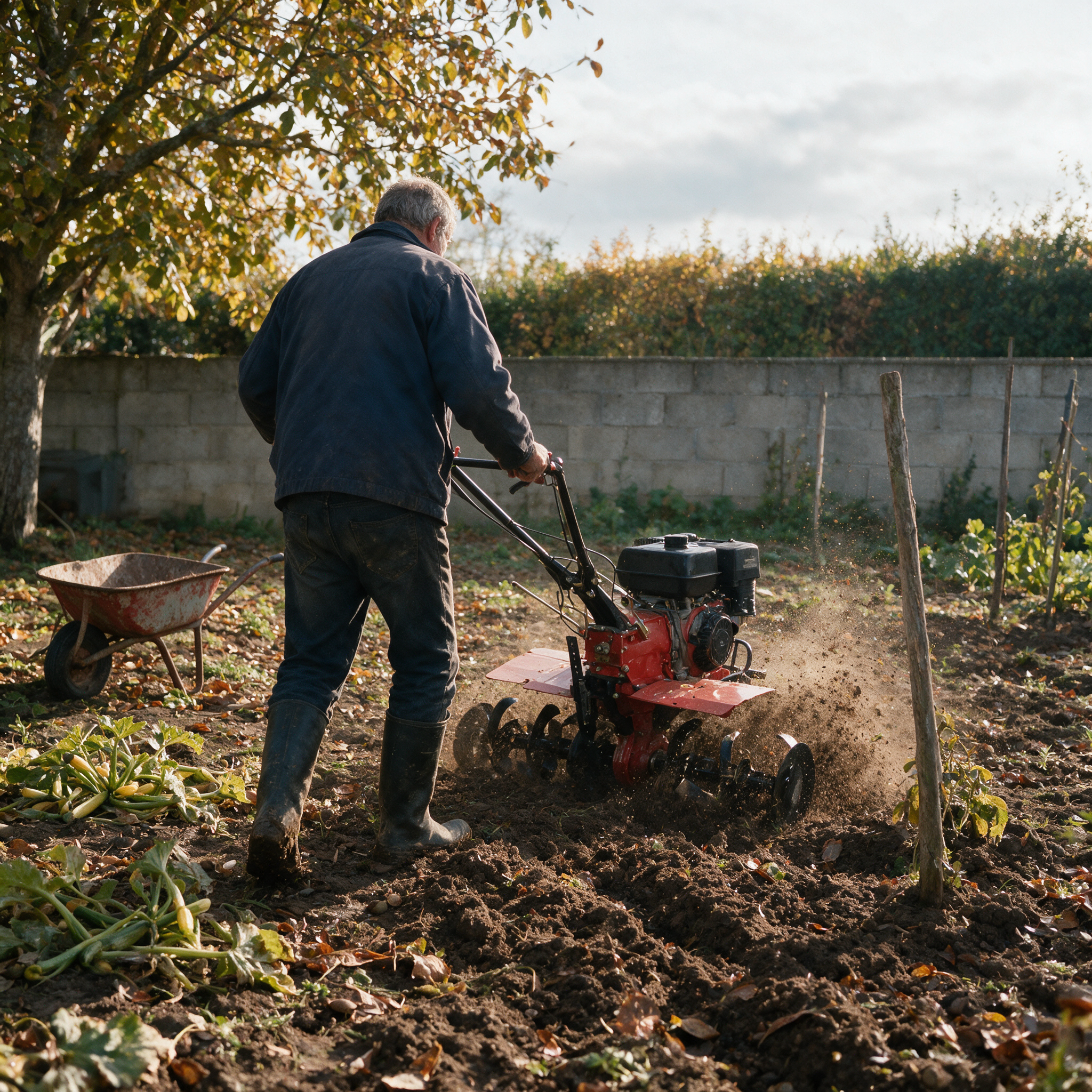 Jardinier de dos fraisant la terre lourde de son potager à l’automne avec un motoculteur thermique 8 fraises