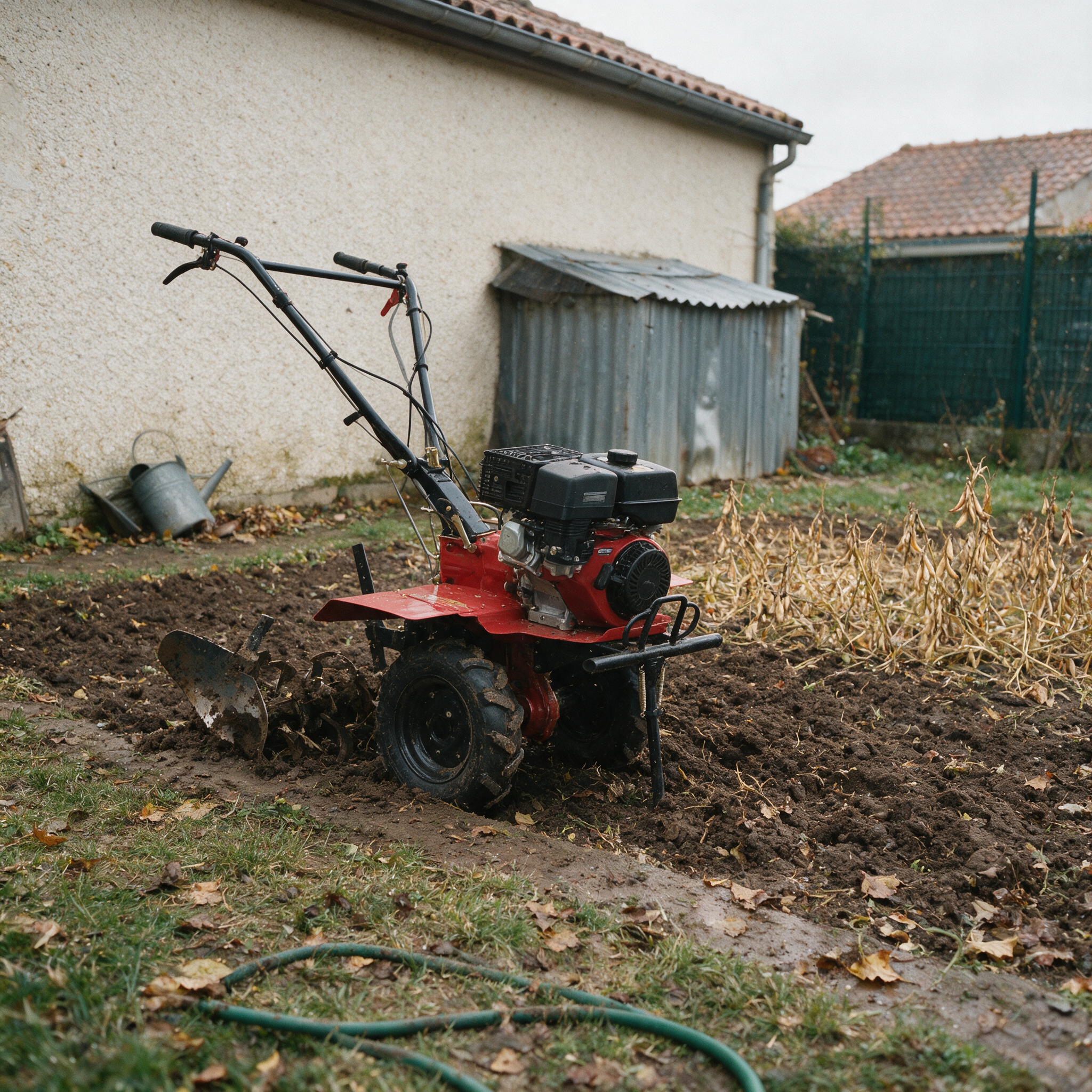 Motoculteur thermique rouge et noir sur roues agraires, garé au bord d’un potager à demi labouré en octobre