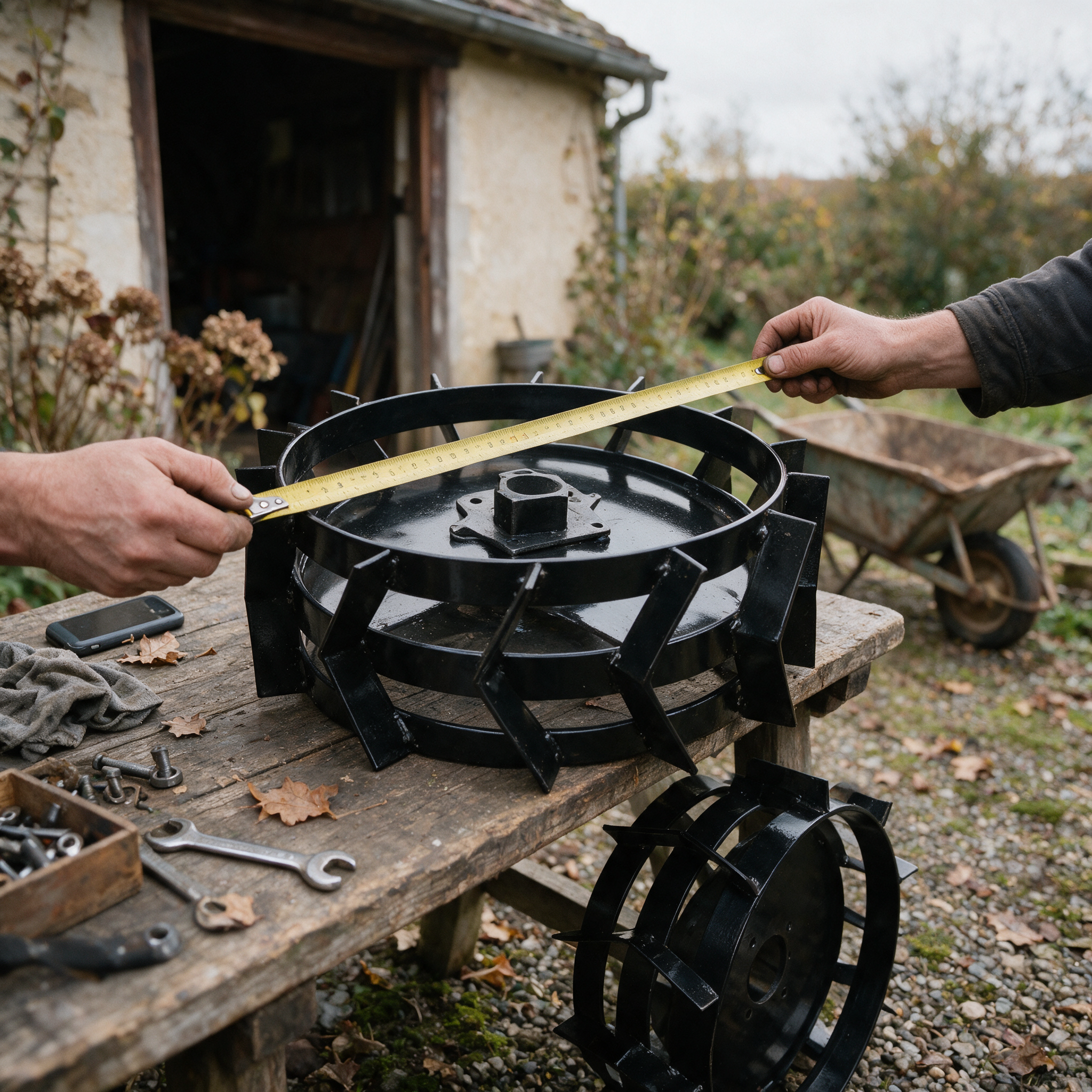 Mains tendant un mètre ruban sur une roue métallique de motoculteur posée sur un établi, pour en relever la cote
