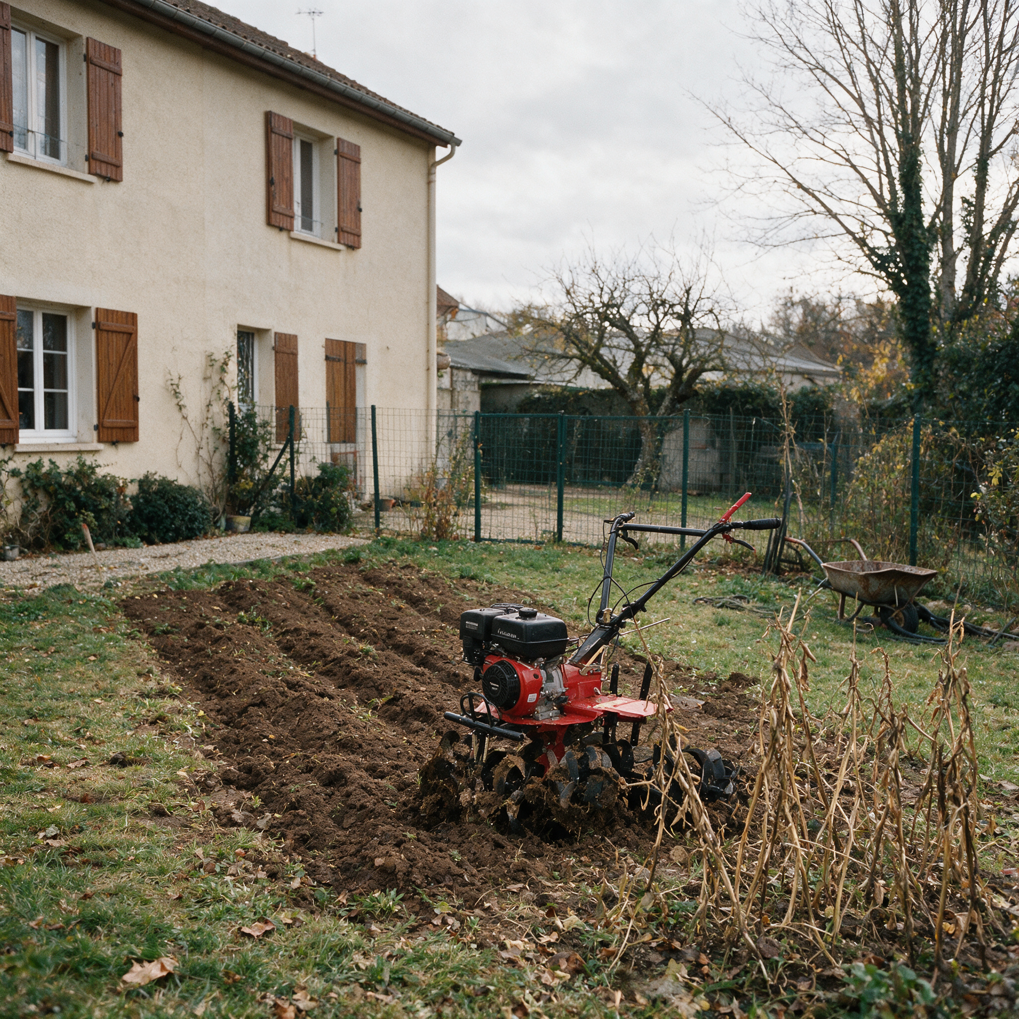 Motoculteur thermique OOGarden au bout d’un potager d’automne à moitié labouré, derrière un pavillon au crépi beige