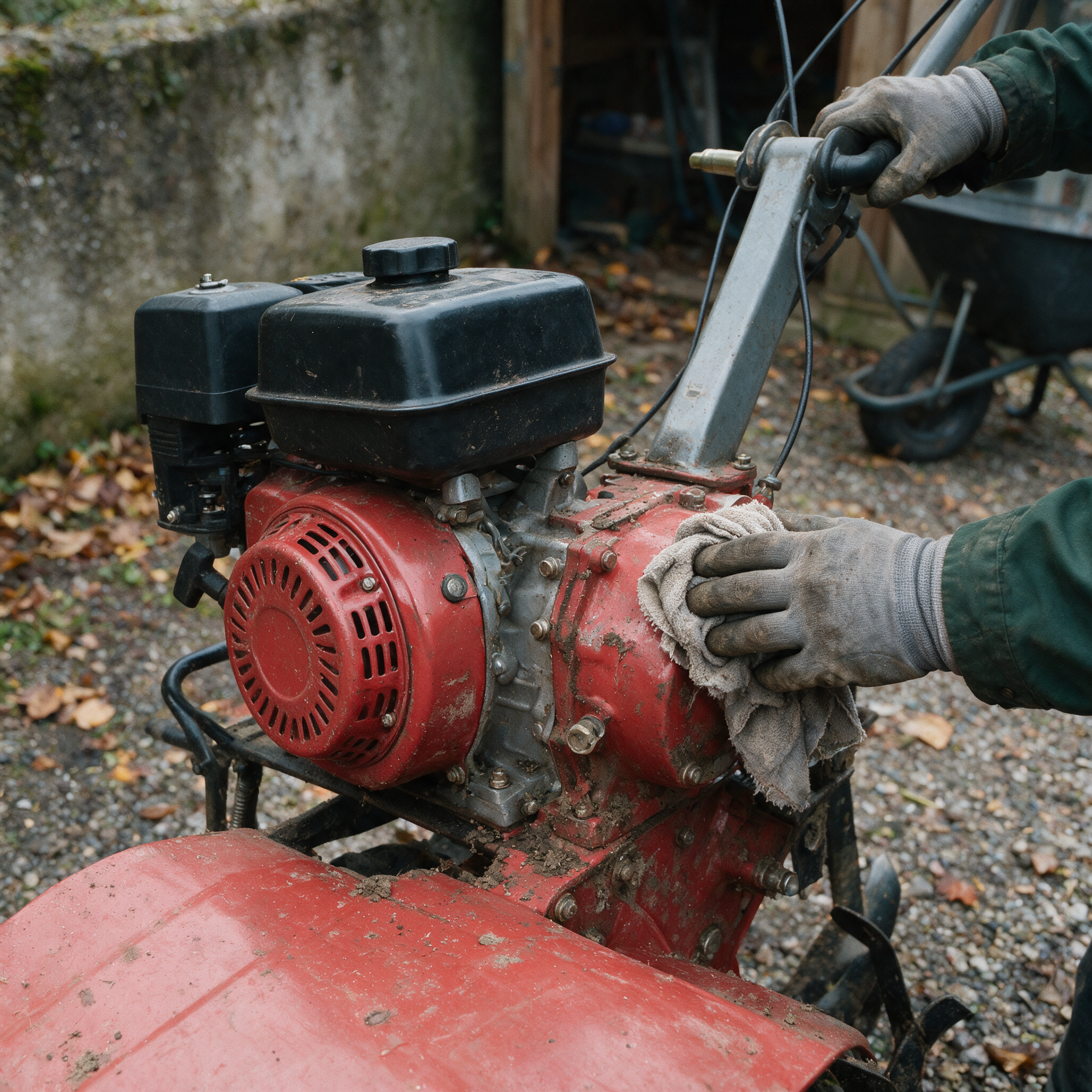 Mains gantées nettoyant le moteur rouge d’un motoculteur thermique OOGarden avant d’en relever les marquages