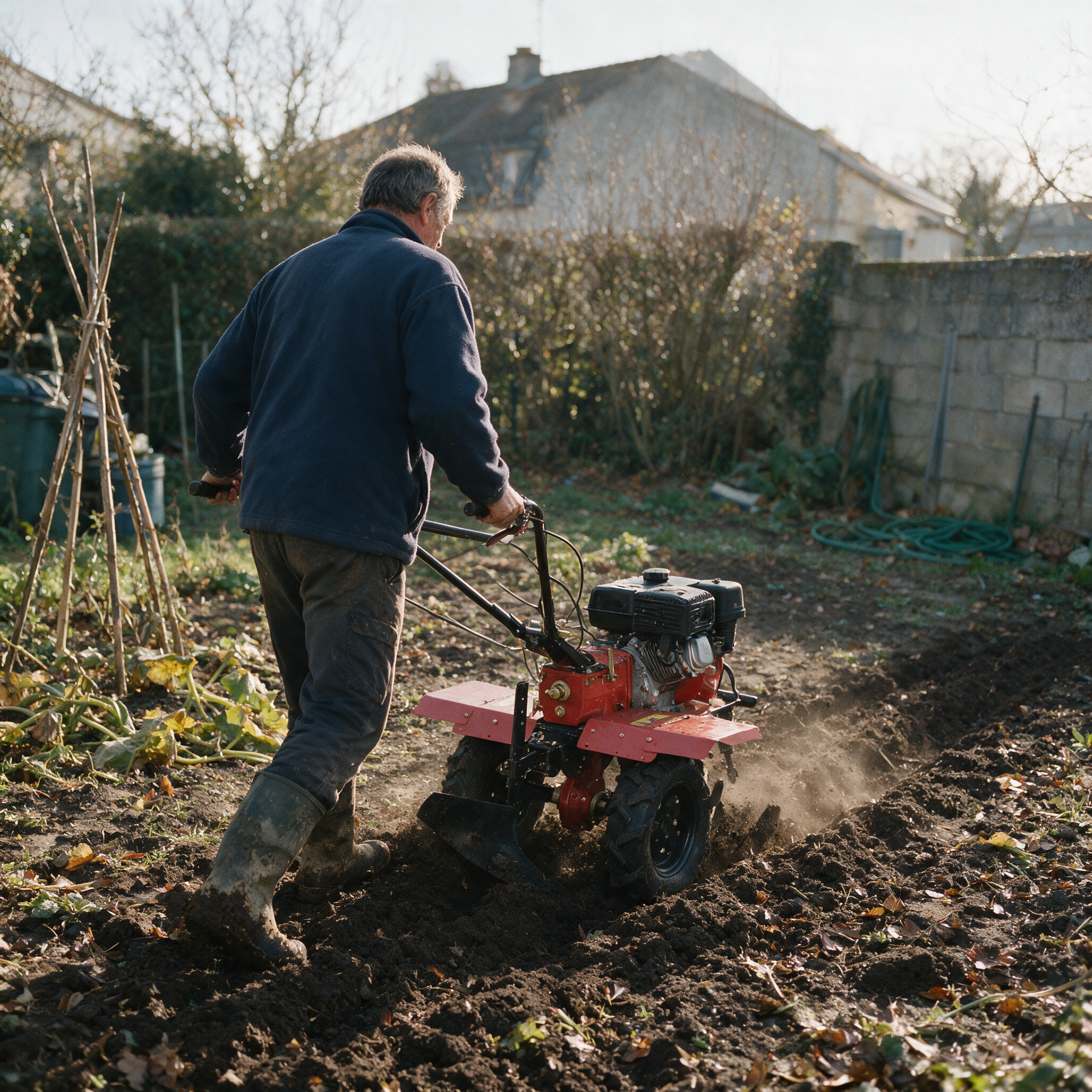Jardinier vu de dos labourant son potager d’automne avec un motoculteur thermique OOGarden sur roues agraires