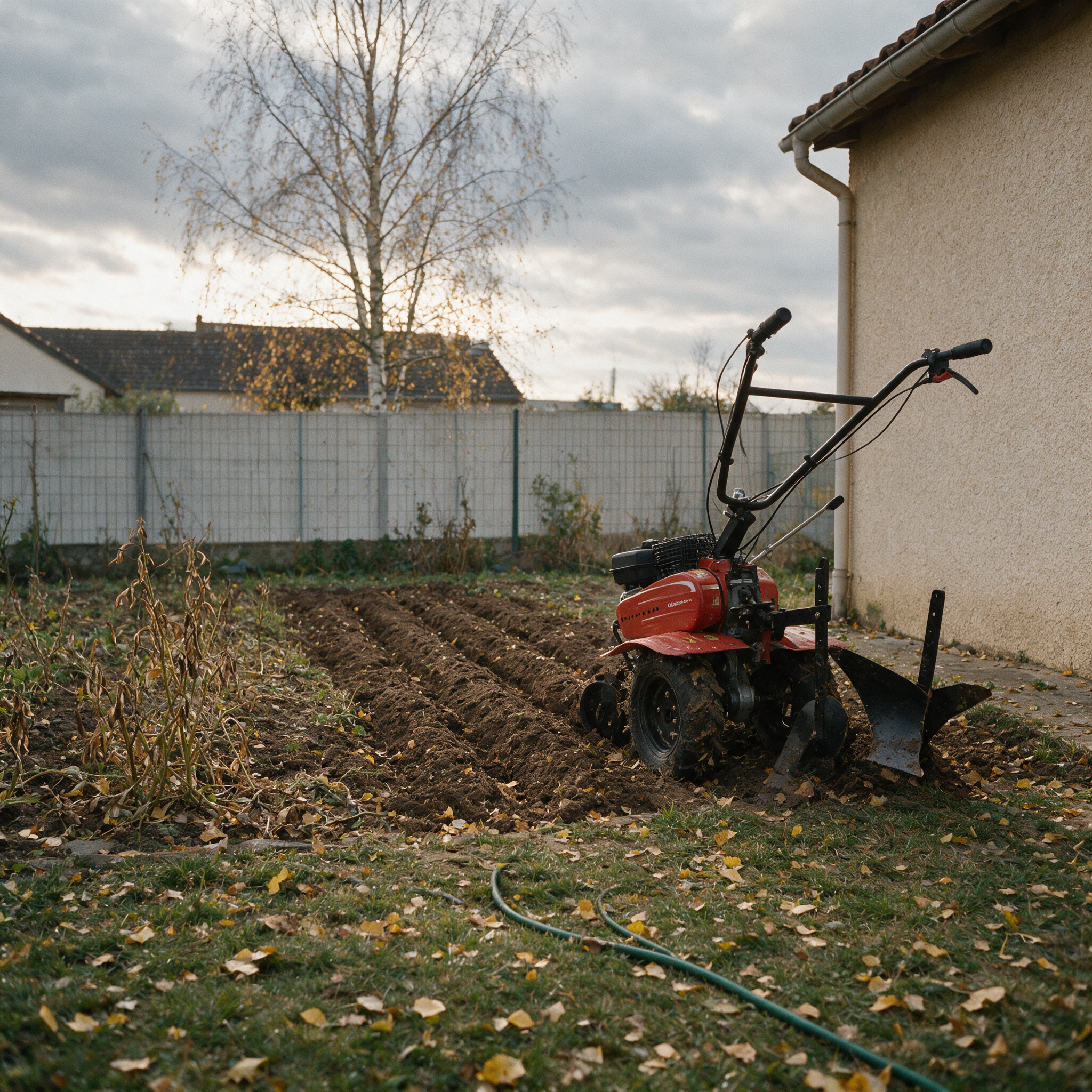 Motoculteur thermique attelé à sa charrue au bord d’un potager à moitié labouré, dans un jardin de pavillon en automne