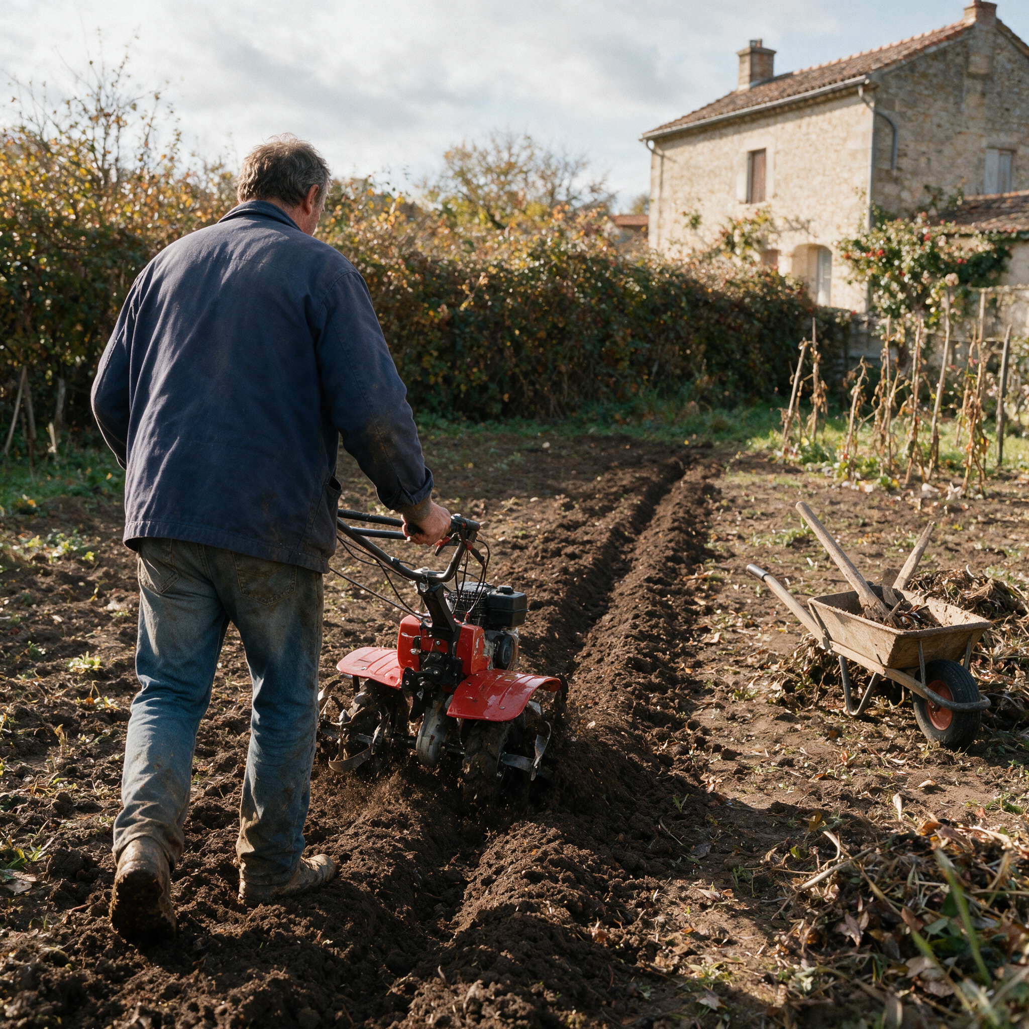 Jardinier de dos labourant son potager avec un motoculteur et sa charrue attelée, par une matinée d’octobre