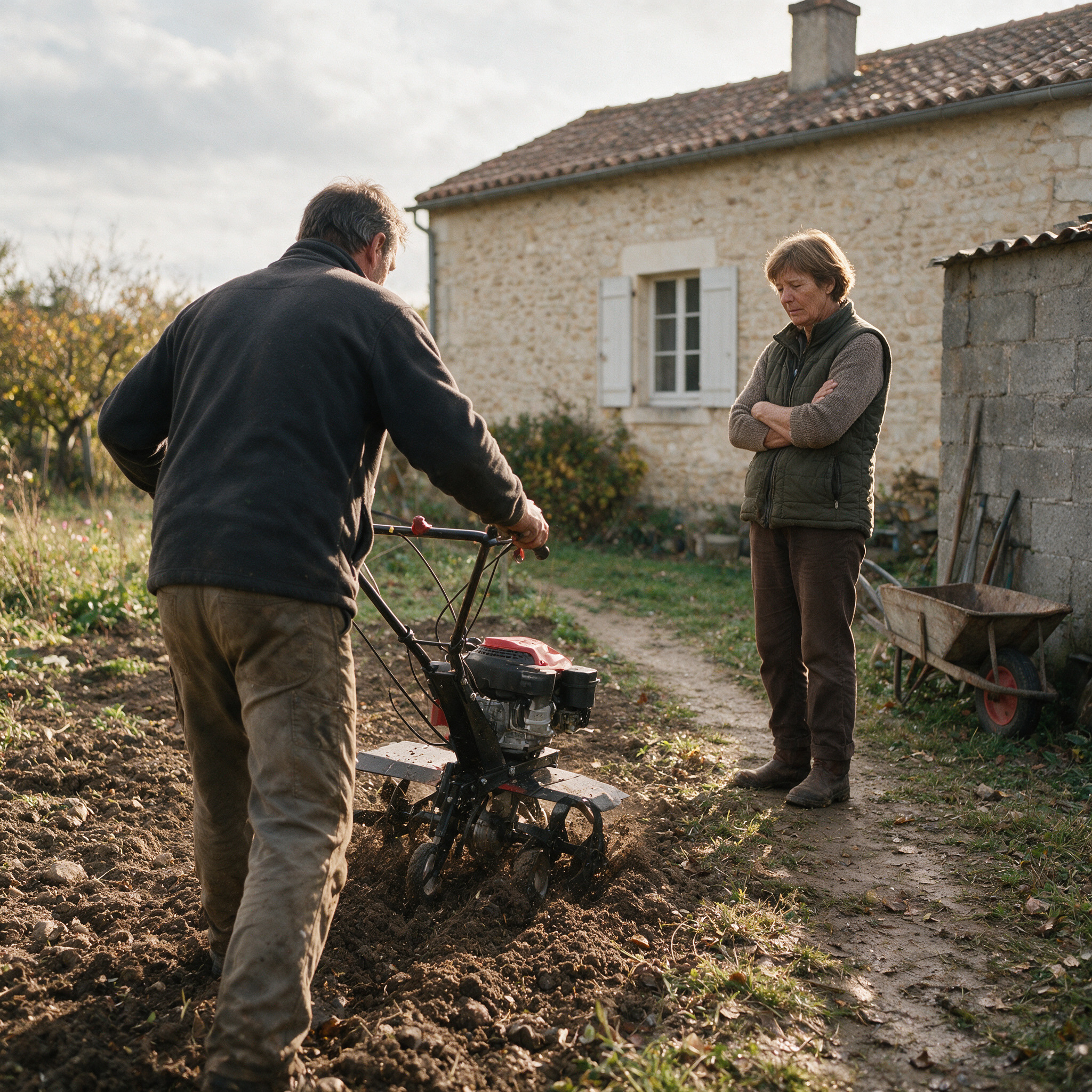 Acheteur essayant une motobineuse thermique OOGarden dans un potager, sous le regard de la vendeuse, avant un achat d’occasion