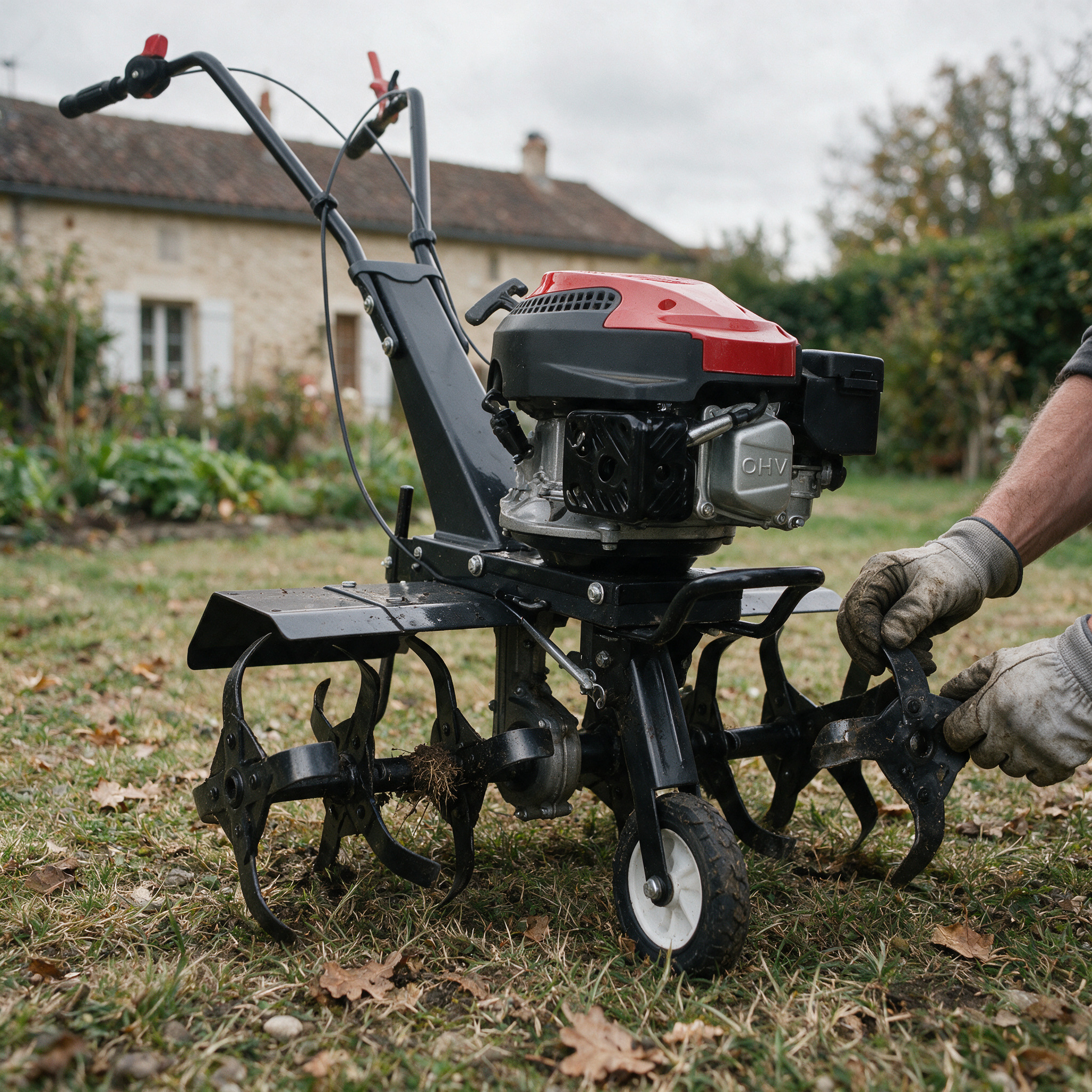 Mains gantées contrôlant les fraises d’une motobineuse thermique OOGarden 144 cm³ d’occasion, sur une pelouse d’automne