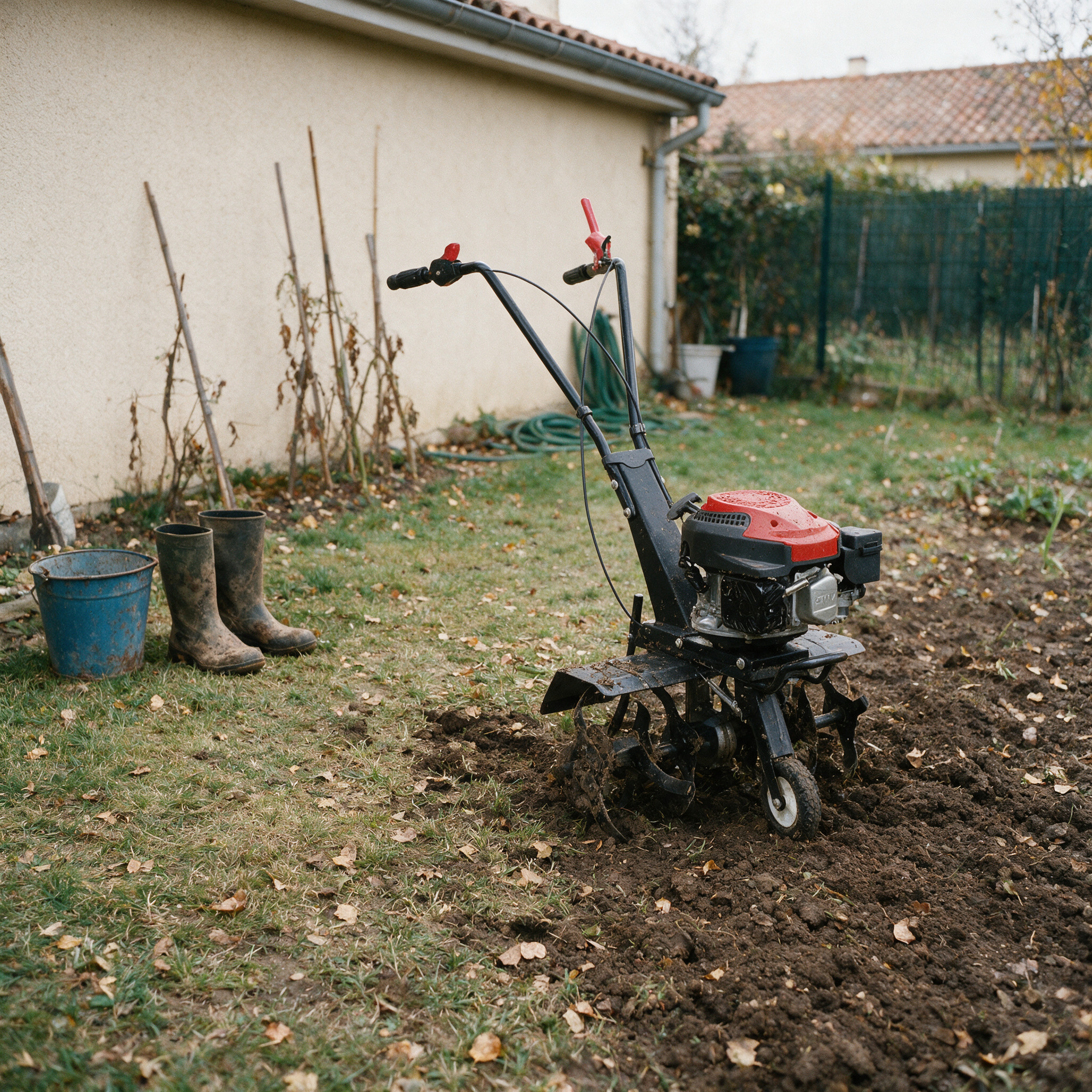 Motobineuse thermique OOGarden 144 cm³ garée au bord d’un potager d’automne, prête pour une vente d’occasion