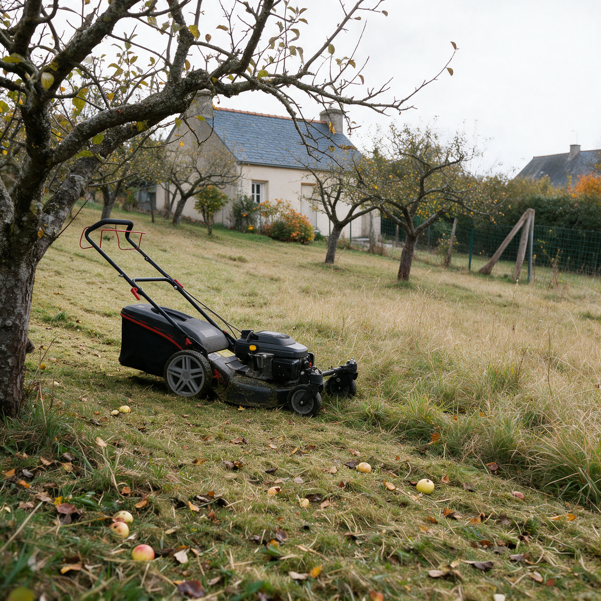 Tondeuse débroussailleuse thermique à roues arrêtée dans un verger en pente à moitié fauché, pommes tombées en octobre