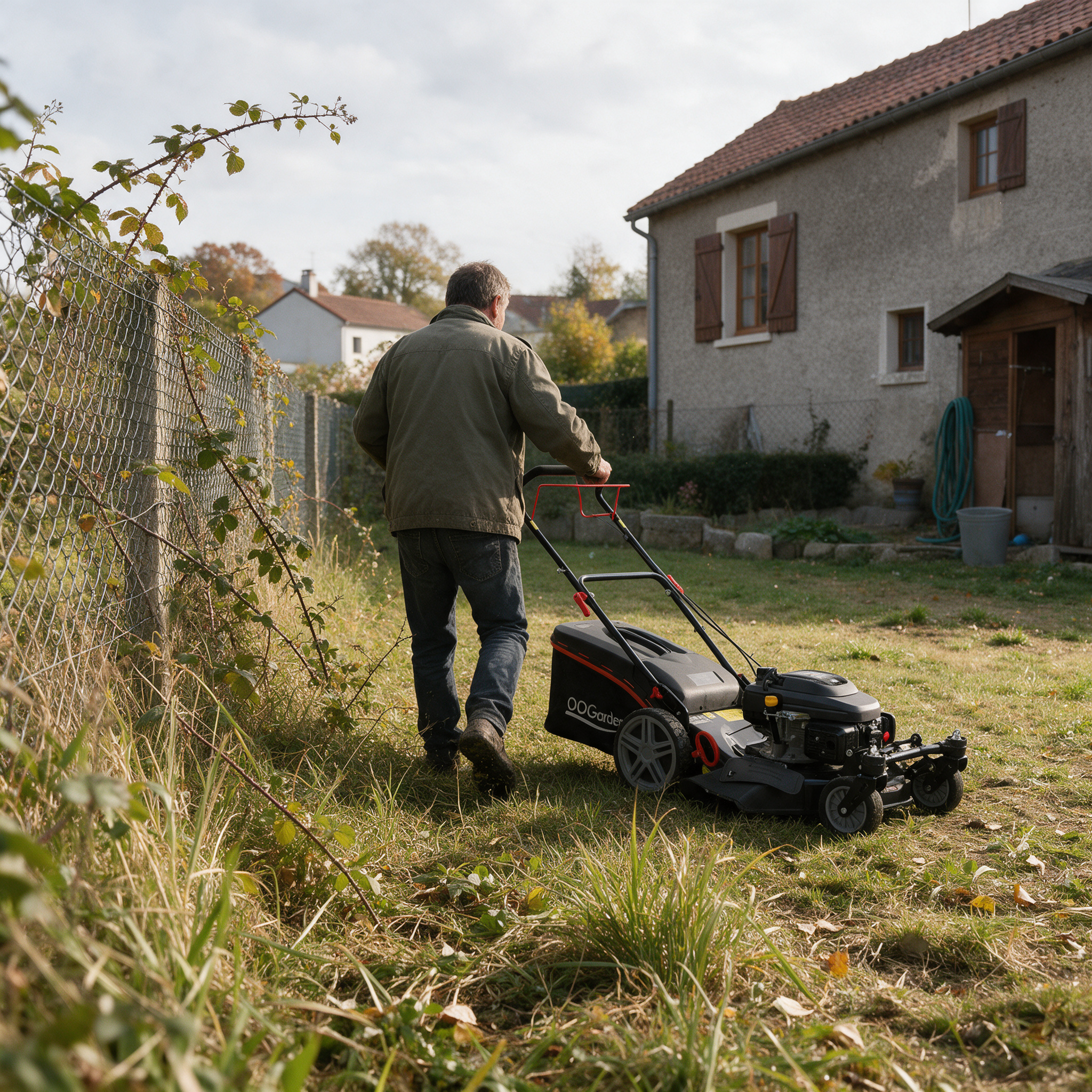 Essai d’une tondeuse débroussailleuse d’occasion dans l’herbe haute le long d’une clôture grillagée envahie de ronces