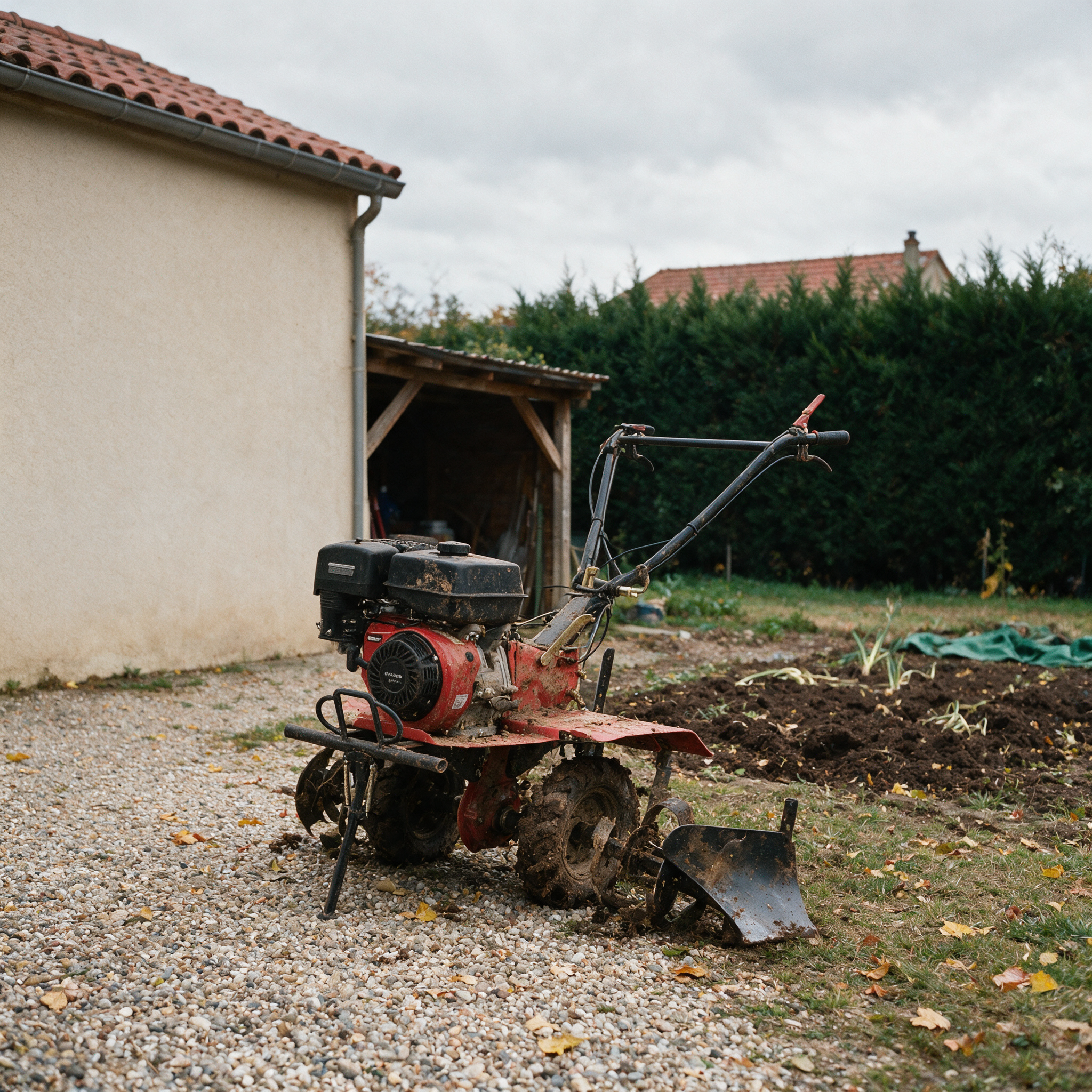Motoculteur thermique OOGarden garé sur le gravier devant un appentis, potager retourné, prêt pour une visite d’occasion