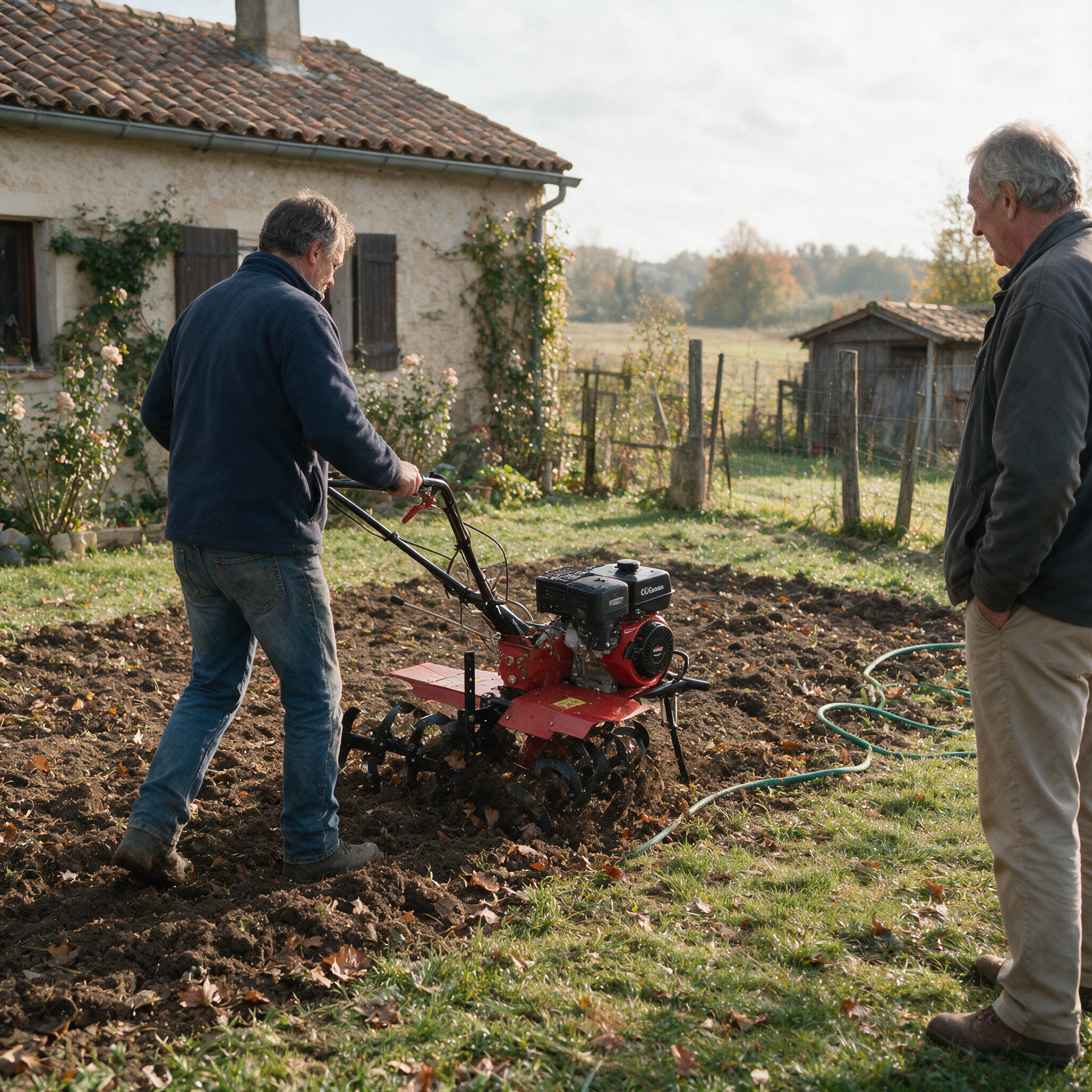 Acheteur de dos essayant un motoculteur d’occasion OOGarden au bord d’un potager, le vendeur observant à l’écart