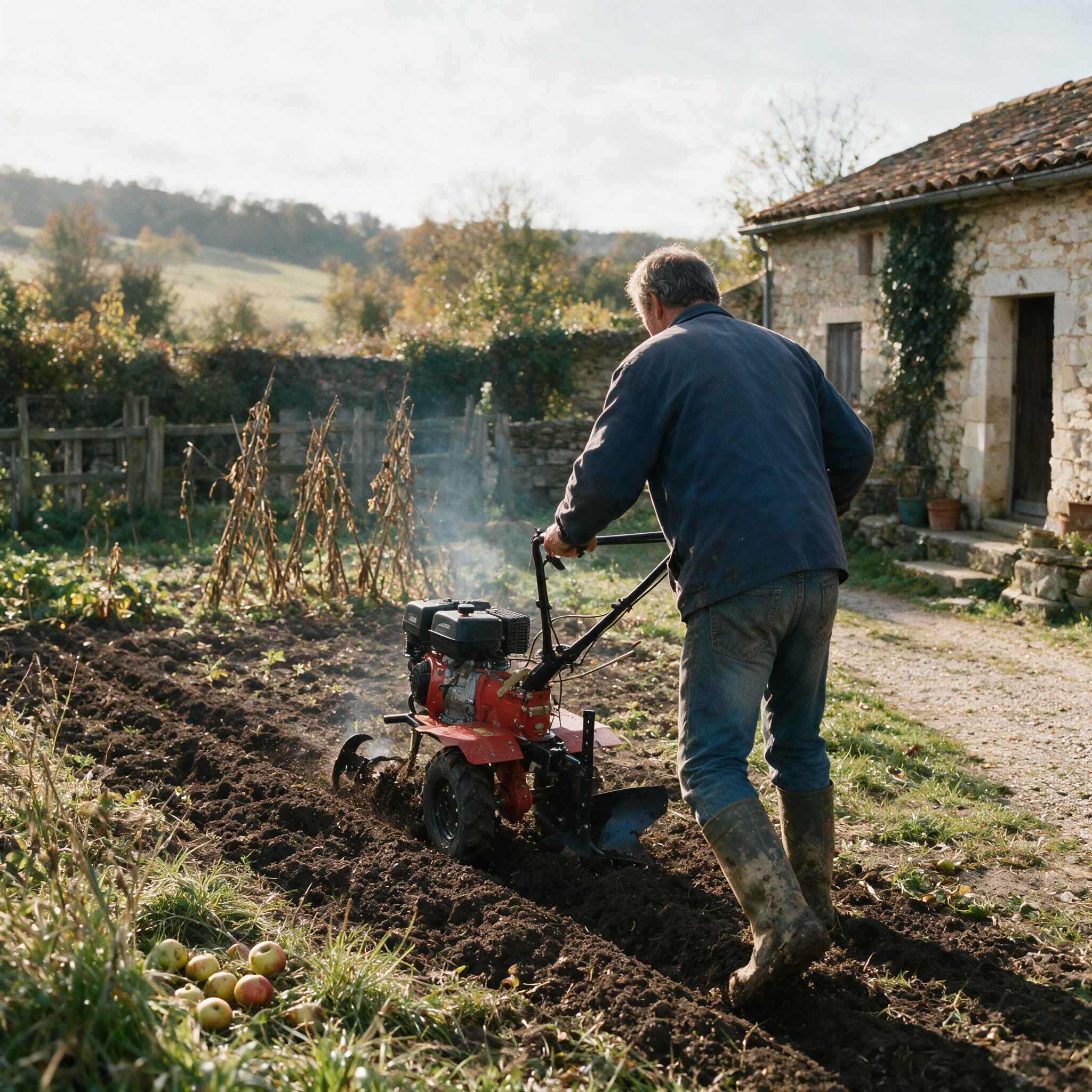 Jardinier de dos labourant son potager avec un motoculteur thermique équipé de roues crantées et d’un soc