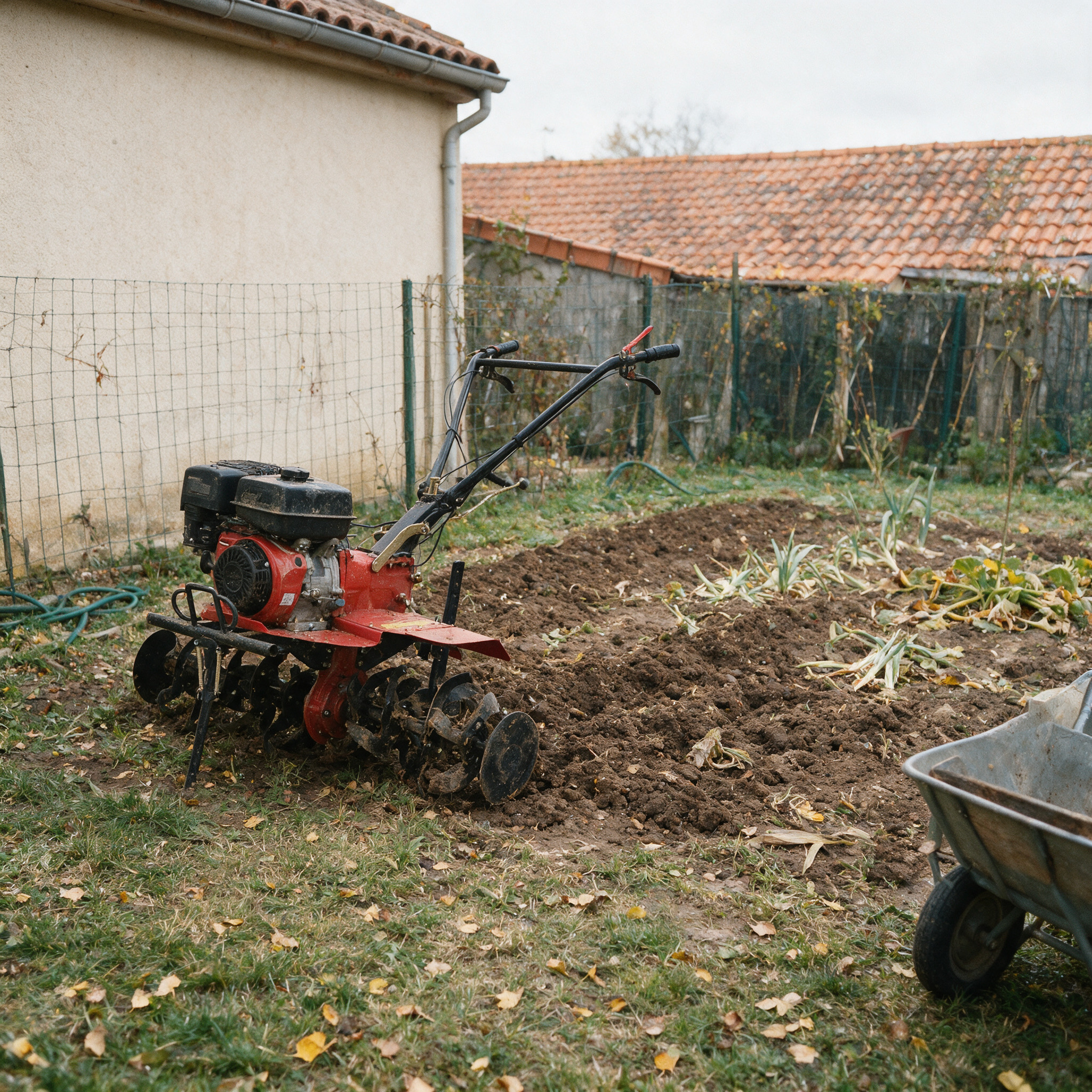 Motoculteur thermique rouge garé au bord d’un potager retourné en automne, derrière un pavillon au mur crépi
