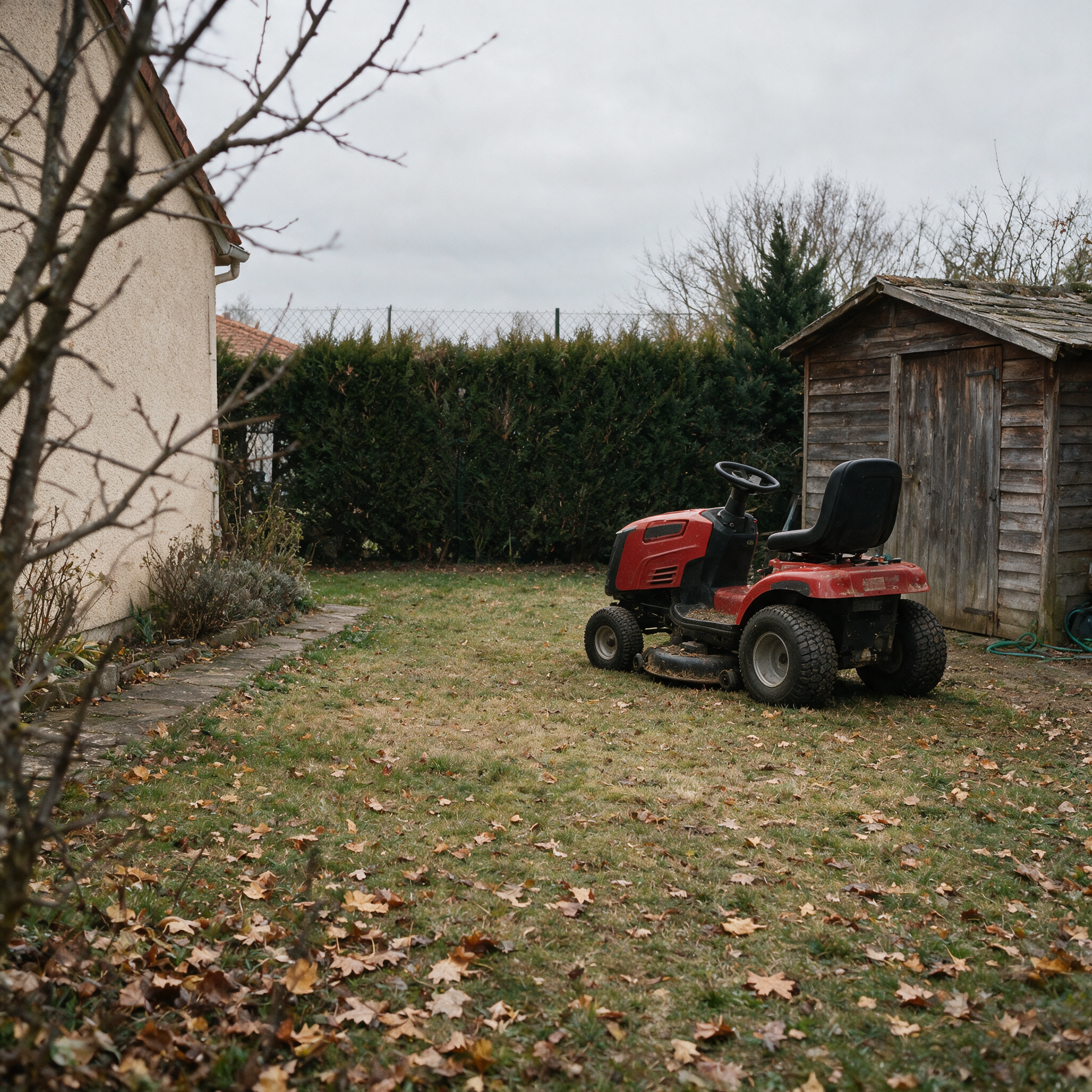 Tracteur tondeuse ancien garé au fond d’un jardin de pavillon en automne, près d’un abri en bois, avant sa revente