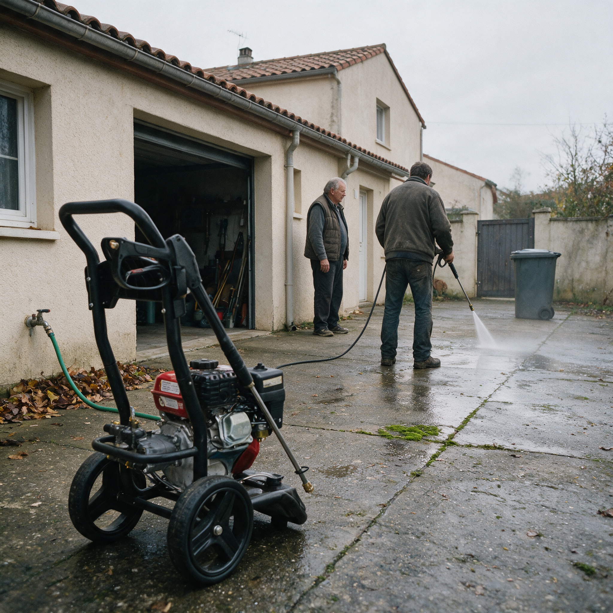 Essai d’un nettoyeur haute pression thermique d’occasion dans une allée, l’acheteur teste le jet devant le vendeur