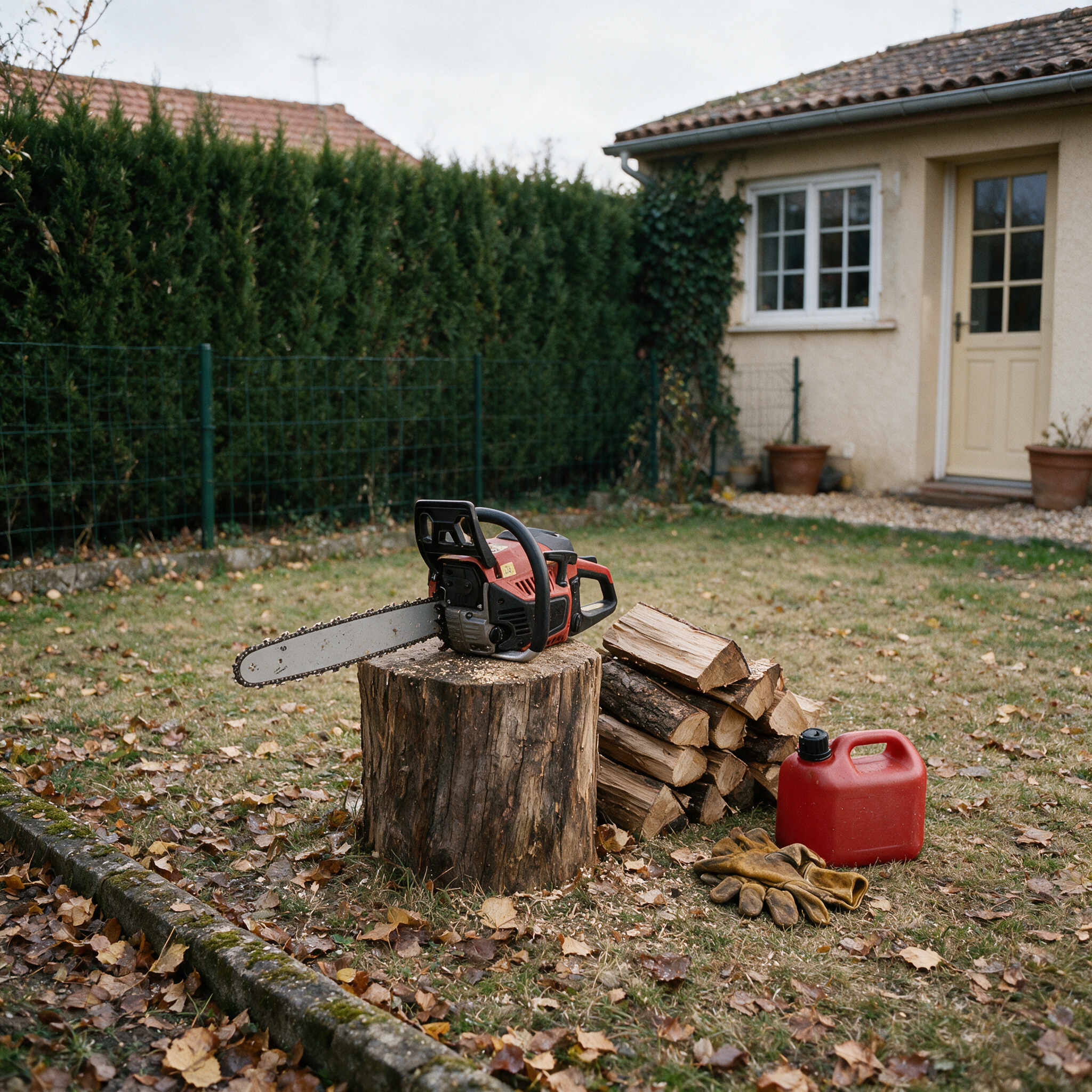 Tronçonneuse thermique d’occasion posée sur un billot près d’un tas de bûches, dans un jardin de pavillon en automne