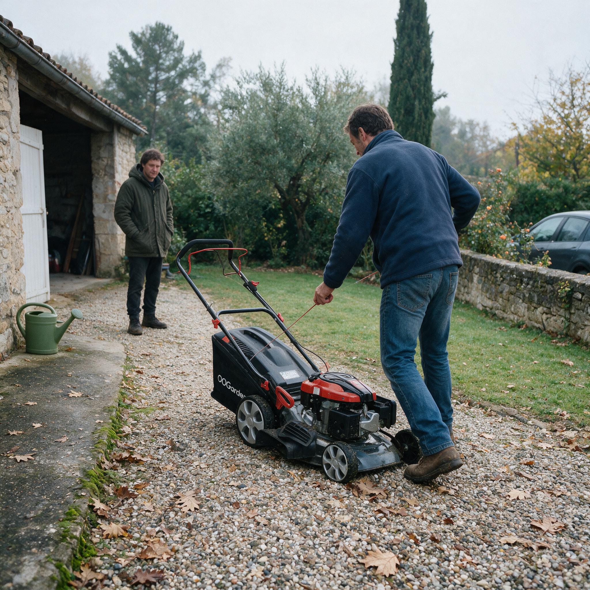 Vendeur démarrant une tondeuse thermique tractée OOGarden devant l’acheteur dans une allée, avant la vente d’occasion