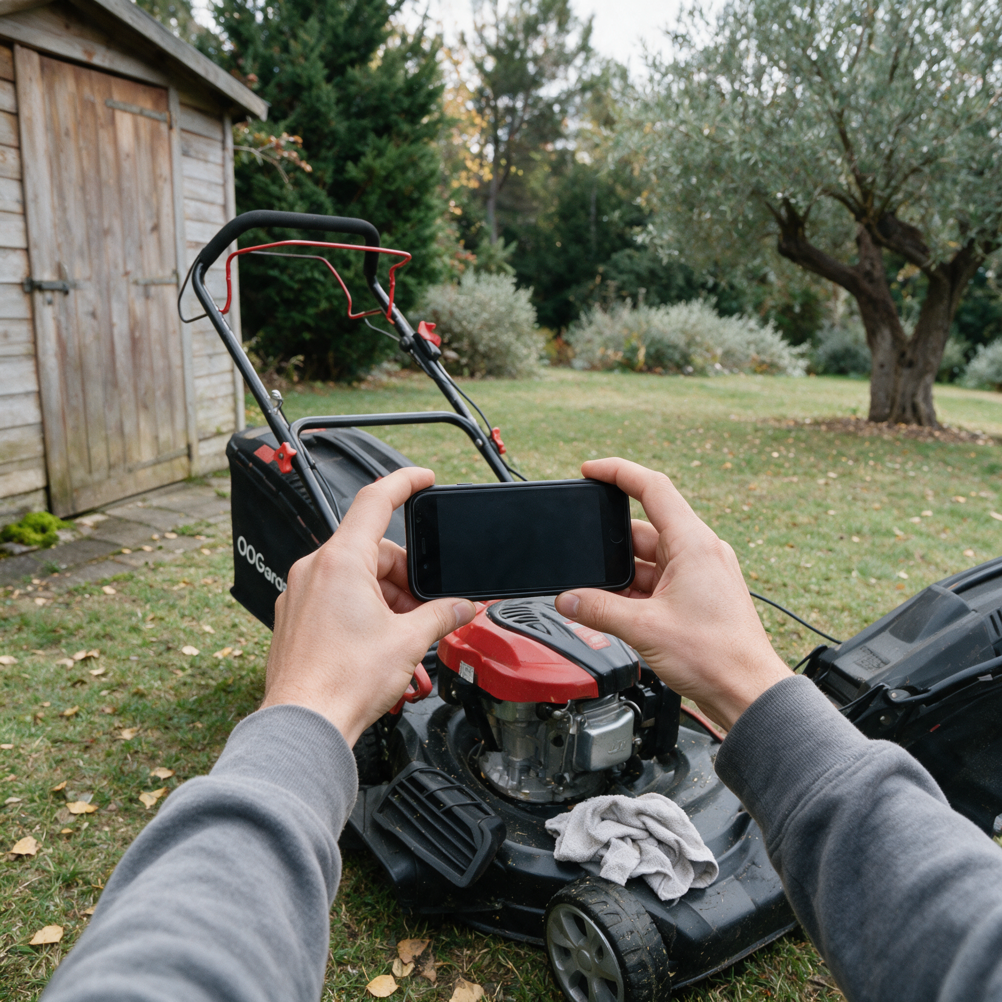 Mains photographiant au smartphone le moteur d’une tondeuse thermique OOGarden pour illustrer une annonce d’occasion