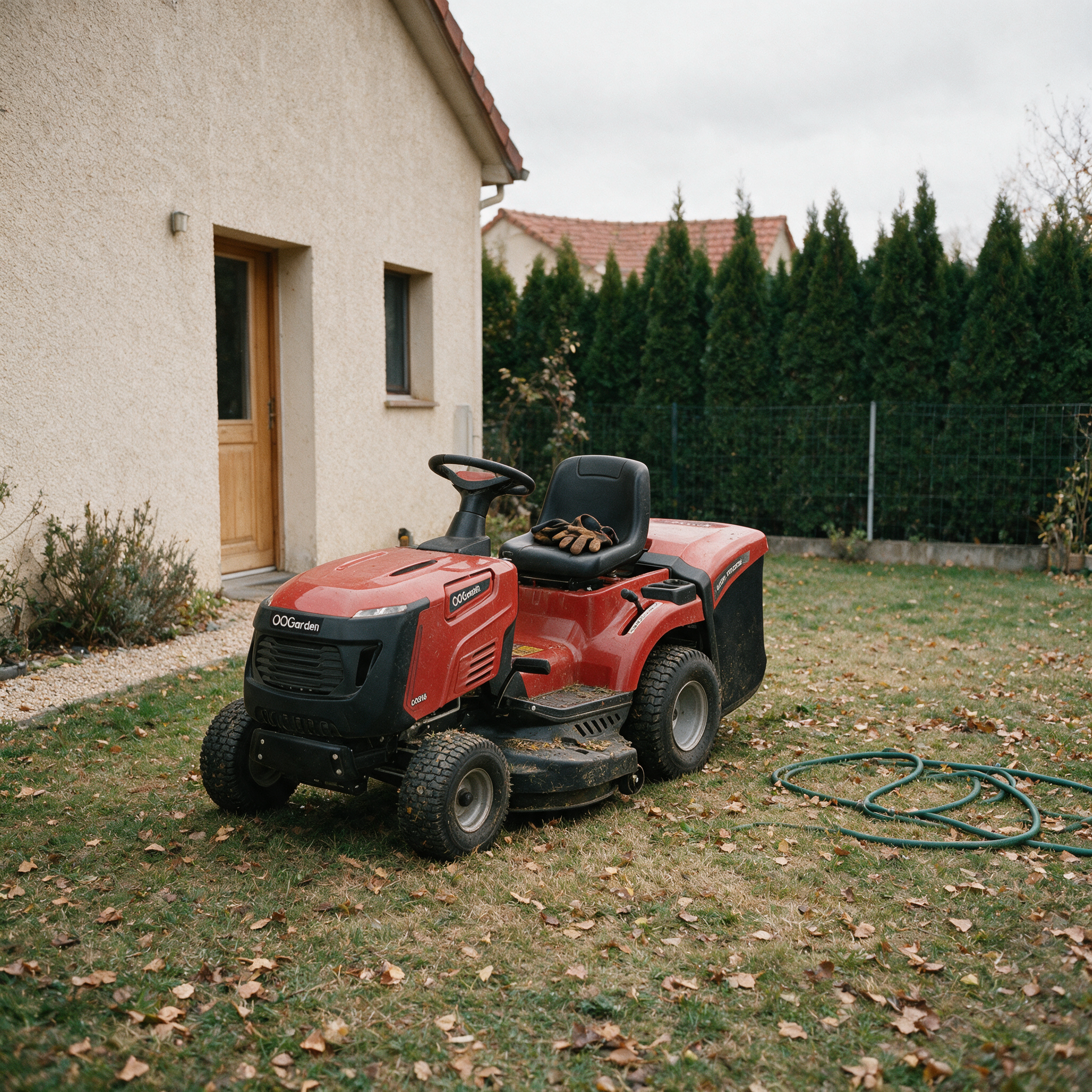 Tracteur tondeuse autoporté OOGarden garé sur une pelouse d’automne, prêt pour les photos d’une annonce d’occasion