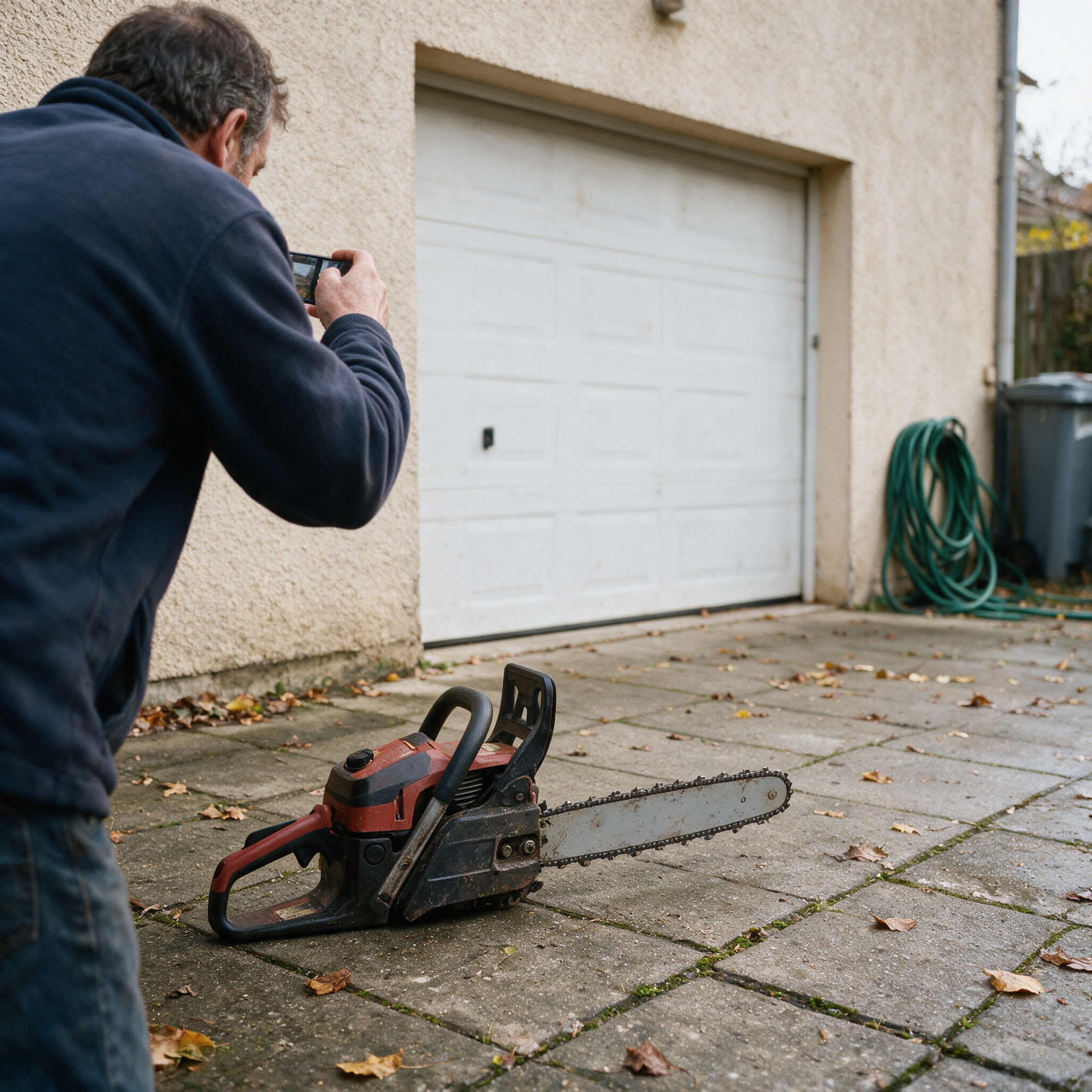 Vendeur photographiant sa tronçonneuse thermique d’occasion posée sur une dalle devant son garage pour son annonce
