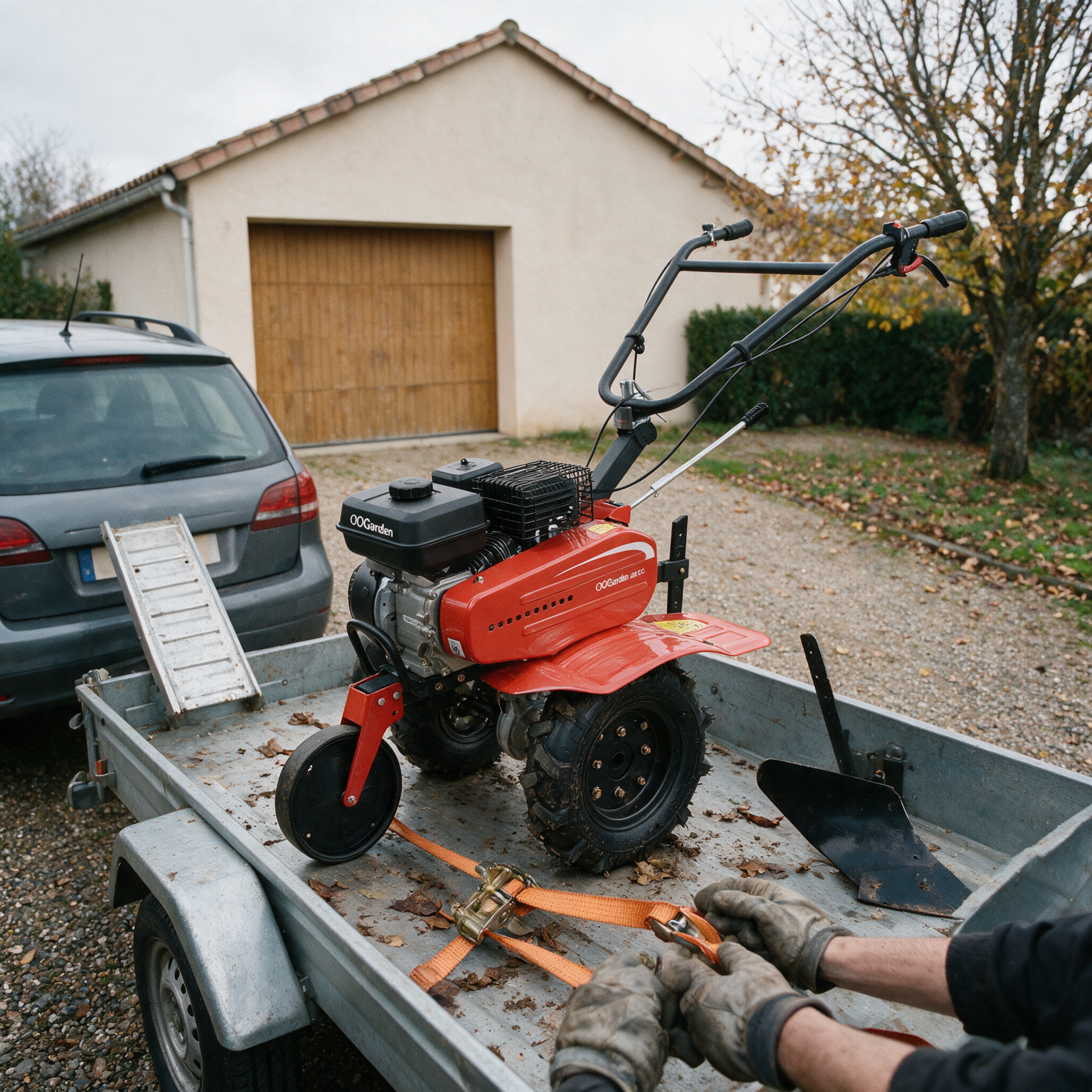 Motoculteur OOGarden chargé sur une remorque, mains gantées tenant la sangle à cliquet avant le paiement de la vente