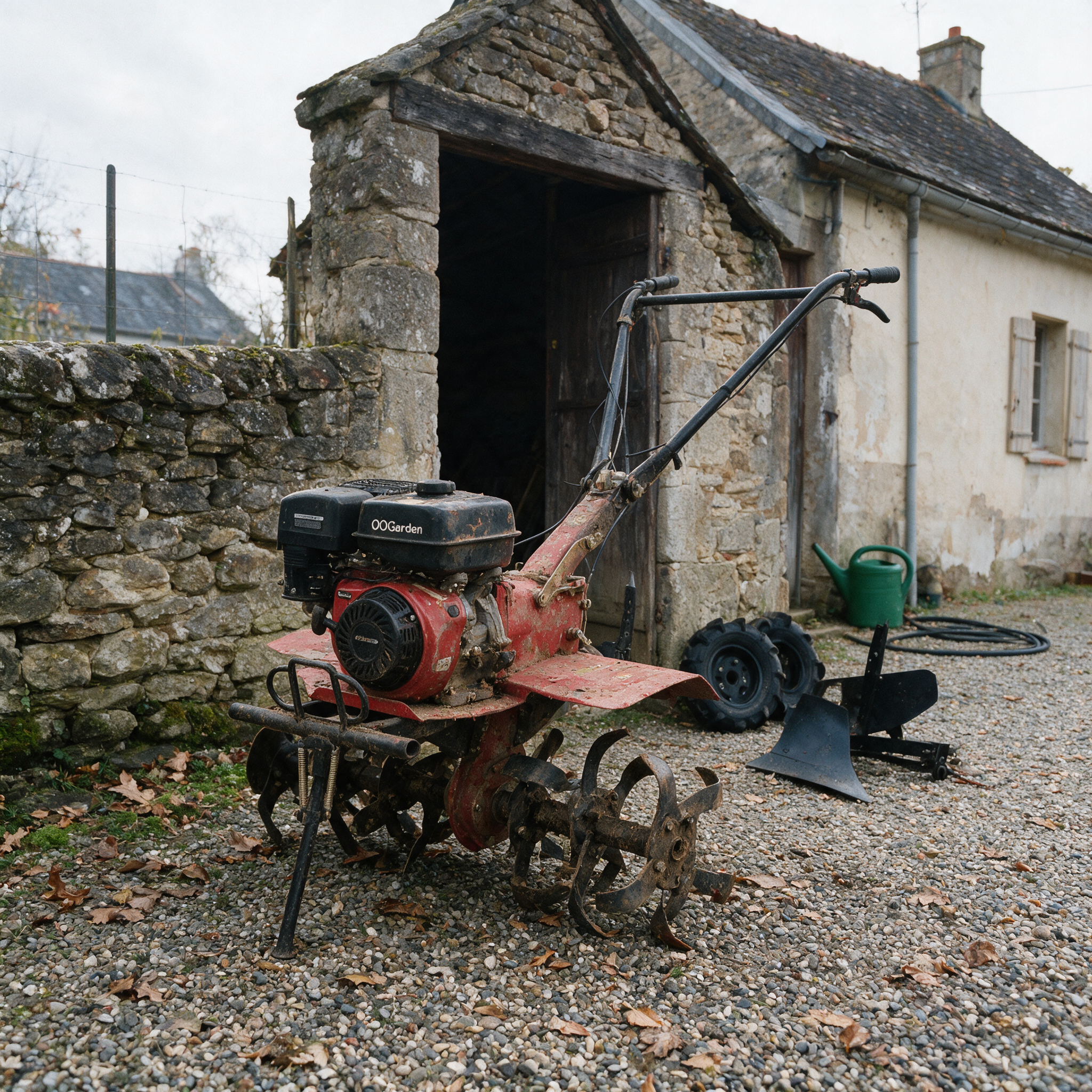 Motoculteur thermique rouge 8 fraises sorti devant une grange, avec roues agraires et charrue, prêt à vendre d’occasion
