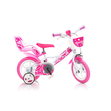 Vélo little heart 12 pouces fille rose avec porte doudou et panier