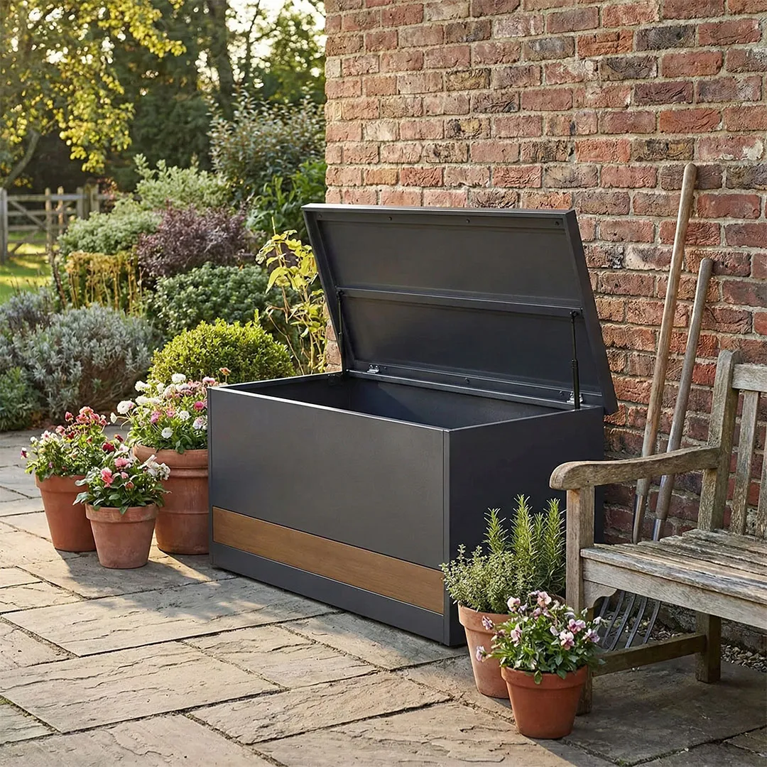 Coffre de Jardin TENA en Acier avec décoration bois 465 Litres