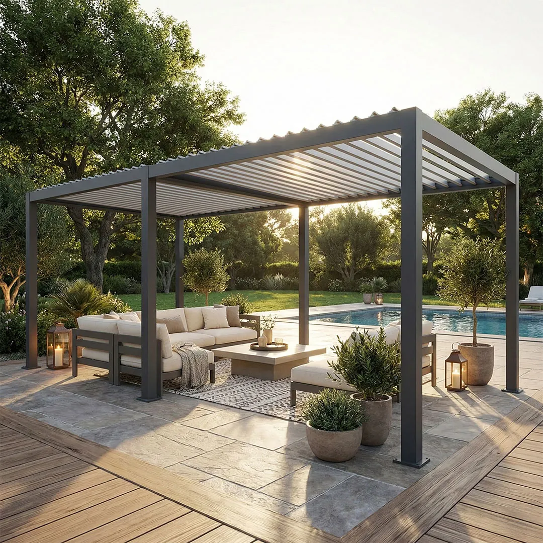Pergola bioclimatique autoportante alu acier 6x3m coloris anthracite