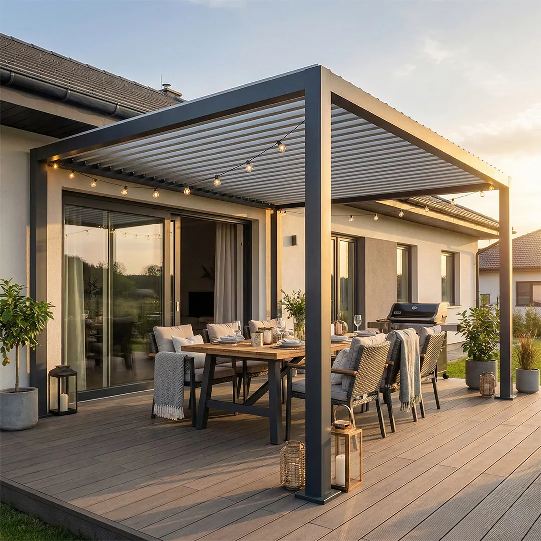 Pergola bioclimatique autoportante alu acier 4x3m coloris anthracite
