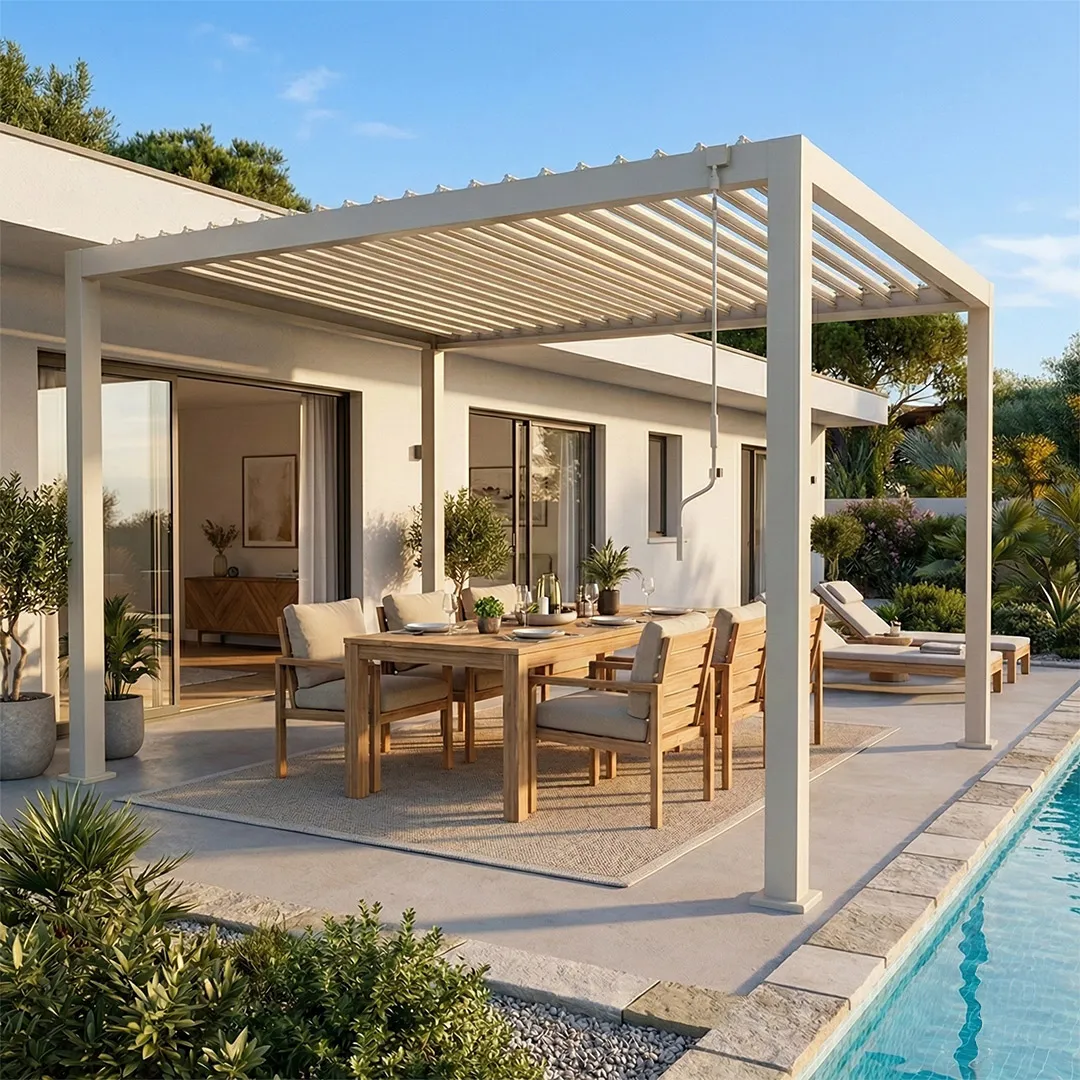 Pergola bioclimatique autoportante alu acier 3x4m coloris sable