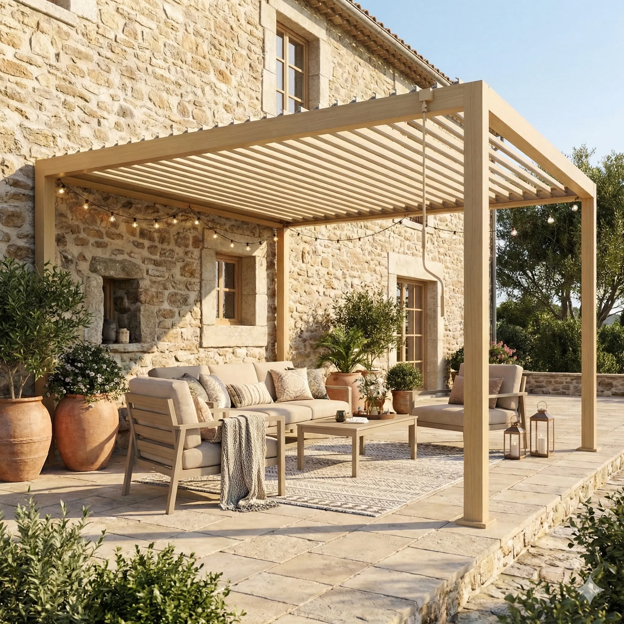 Pergola bioclimatique autoportante alu acier 3x4m coloris bois