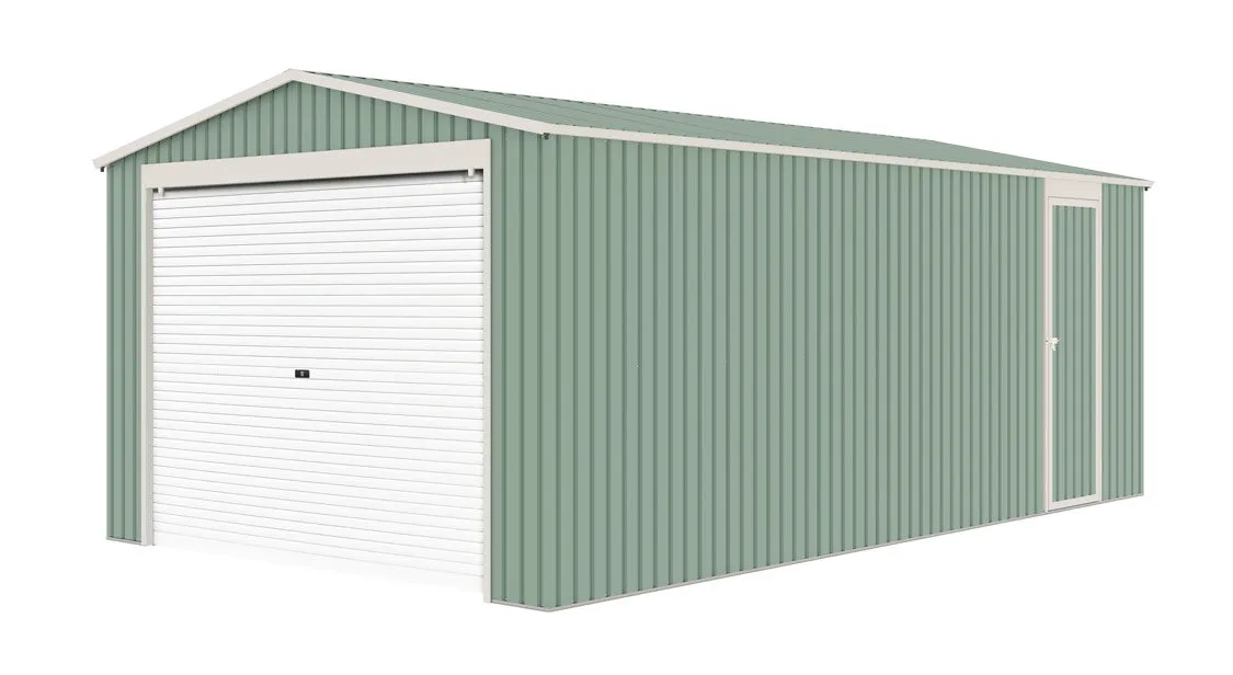 Garage en mÃ©tal 19,5 m2 vert amande Herbert avec porte enroulable