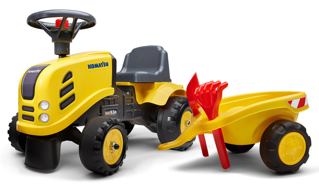 HOMCOM Rutsch-Traktor mit Anhänger, Hupe, Sandspielzeug, ab 1 Jahr,  Kunststoff+Metall, gelb, 91 x 29 x 44cm