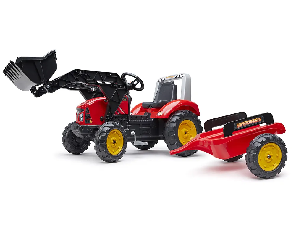 Tractopelle Ã  pÃ©dales Supercharger rouge avec capot et remorque
