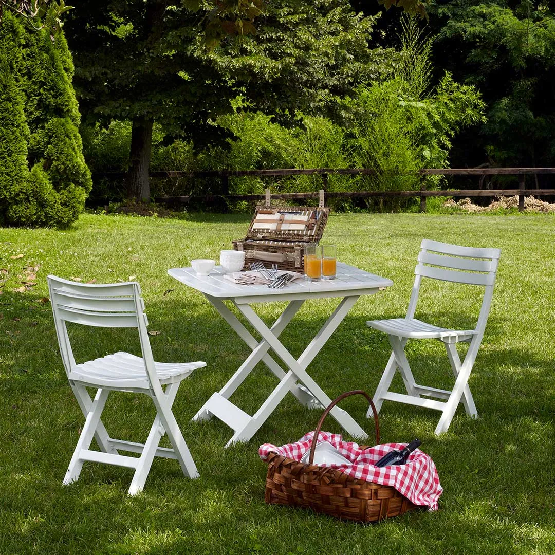 Salon de jardin rÃ©sine : Table 80x72cm et 2 Chaises Pliantes   Blanc