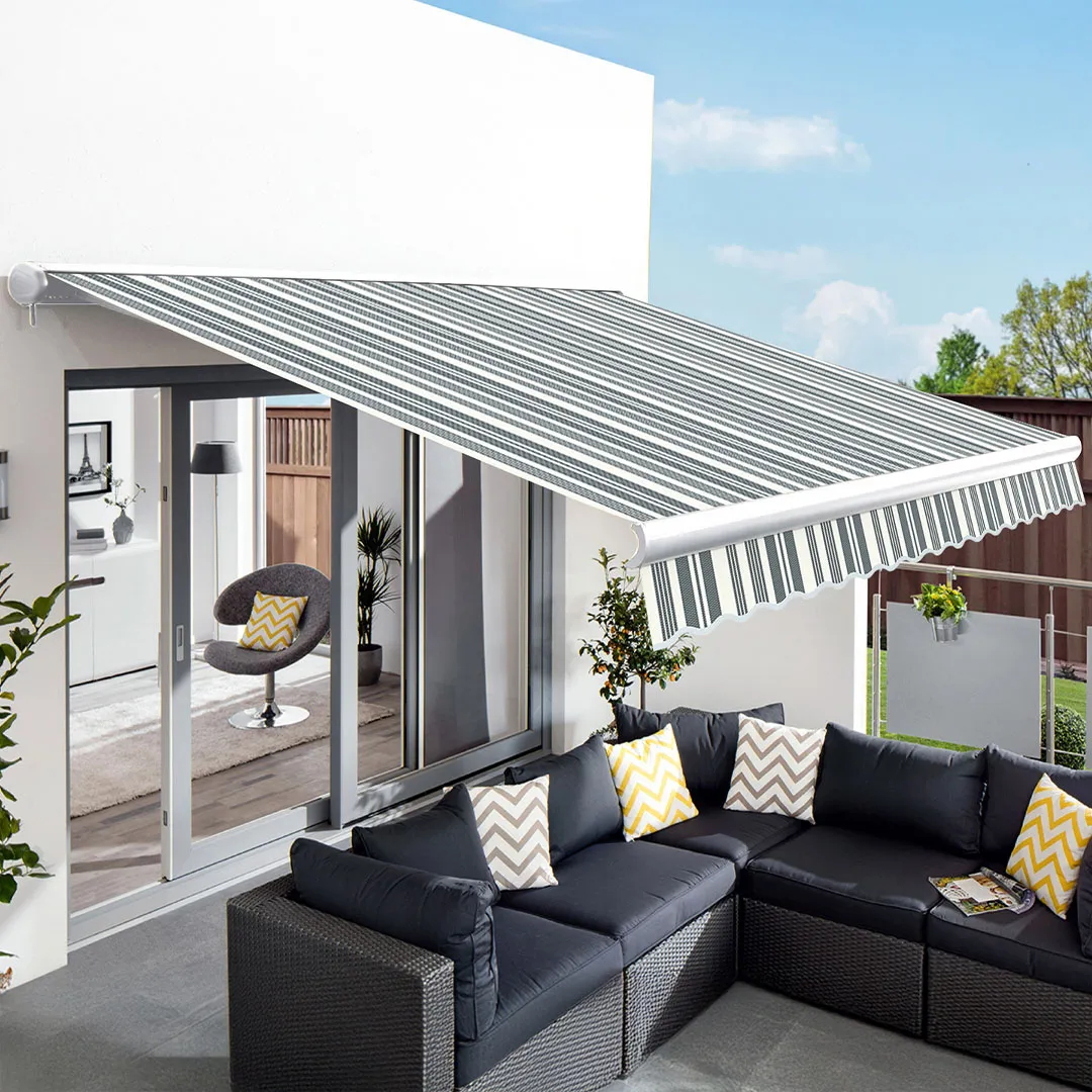 Store banne MORGAT Manuel Coffre IntÃ©gral 4x3m Coloris RayÃ© Gris Blanc